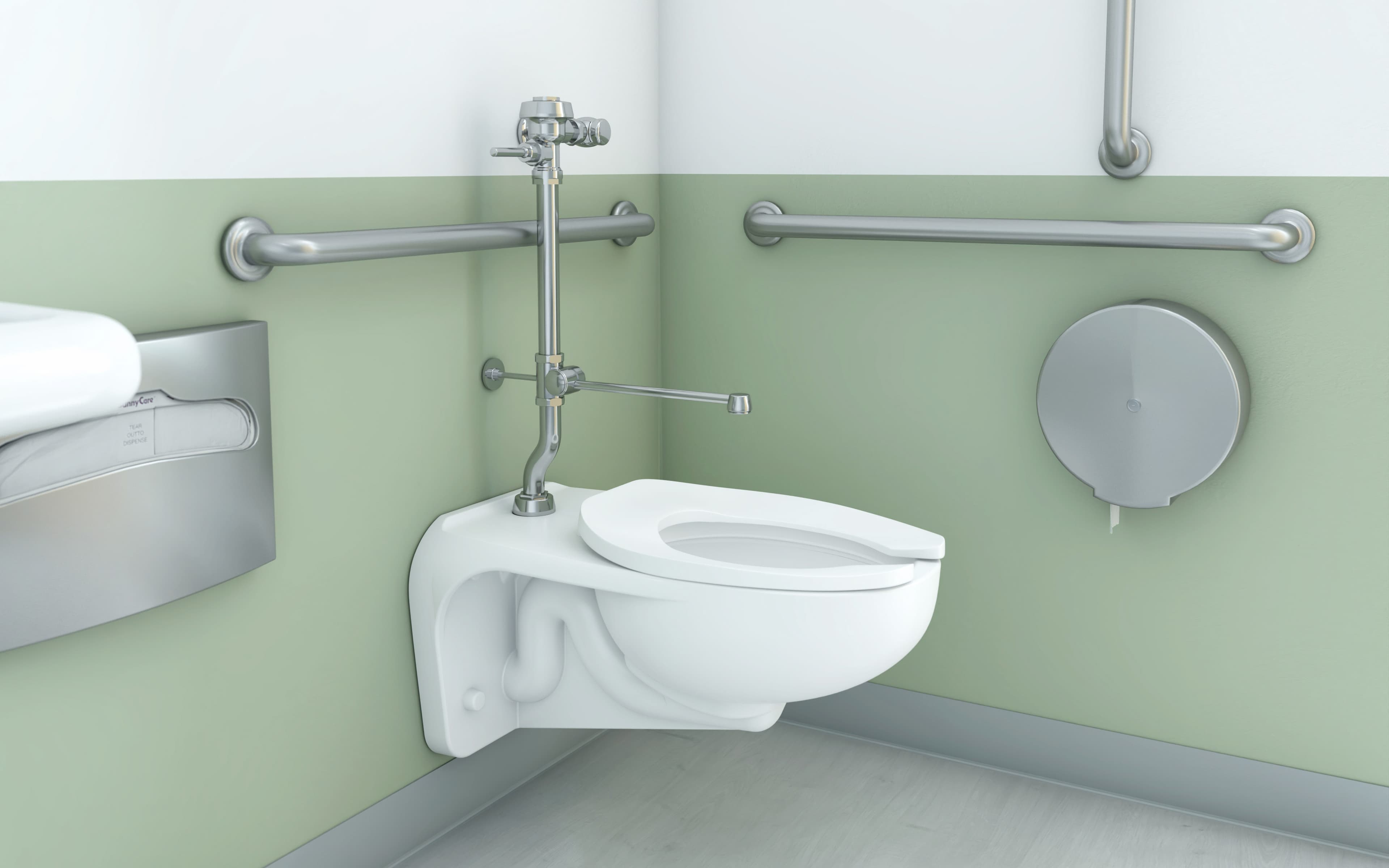 Healthcare restroom with bedpan washer and grab bars