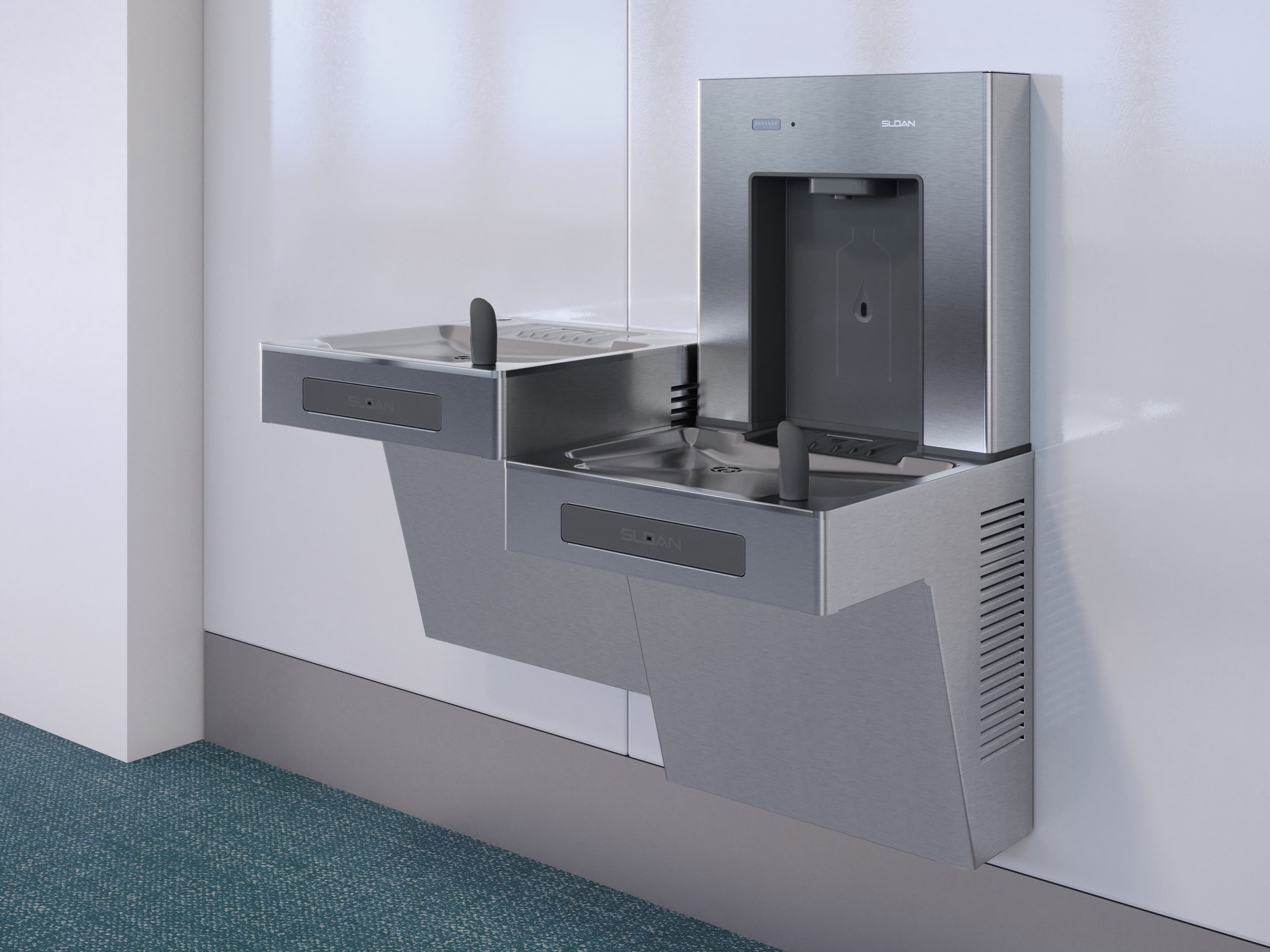 DRS120 DropSpot™ On-wall Bottle Filler with Bi-level Cooler in airport walkway
