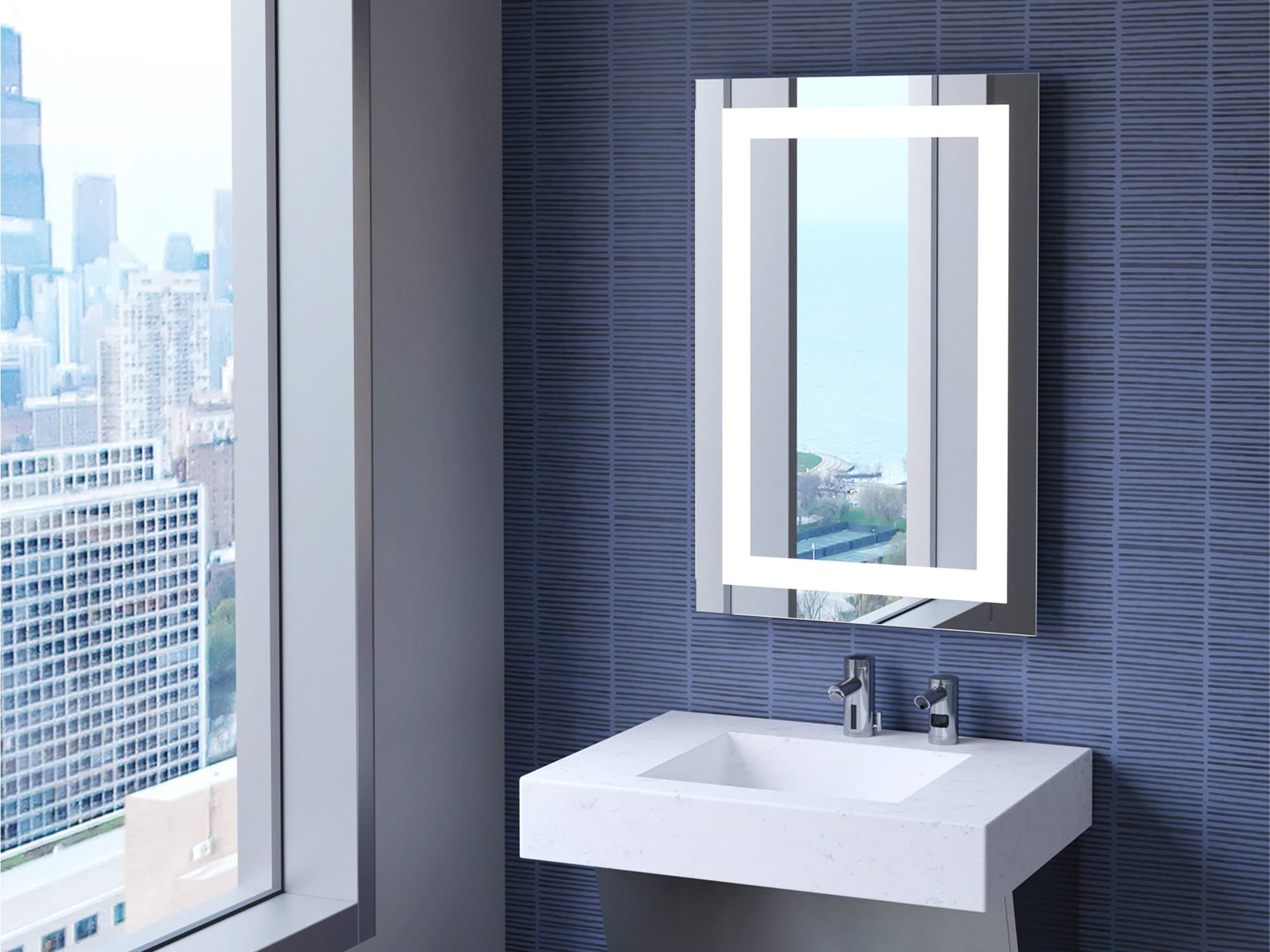 Sloan ML 4 Inset LED Mirror with SloanStone® Quartz QSGR-81000 Sink with angled stainless steel enclosure in SloanStone Quartz Coast Carrara