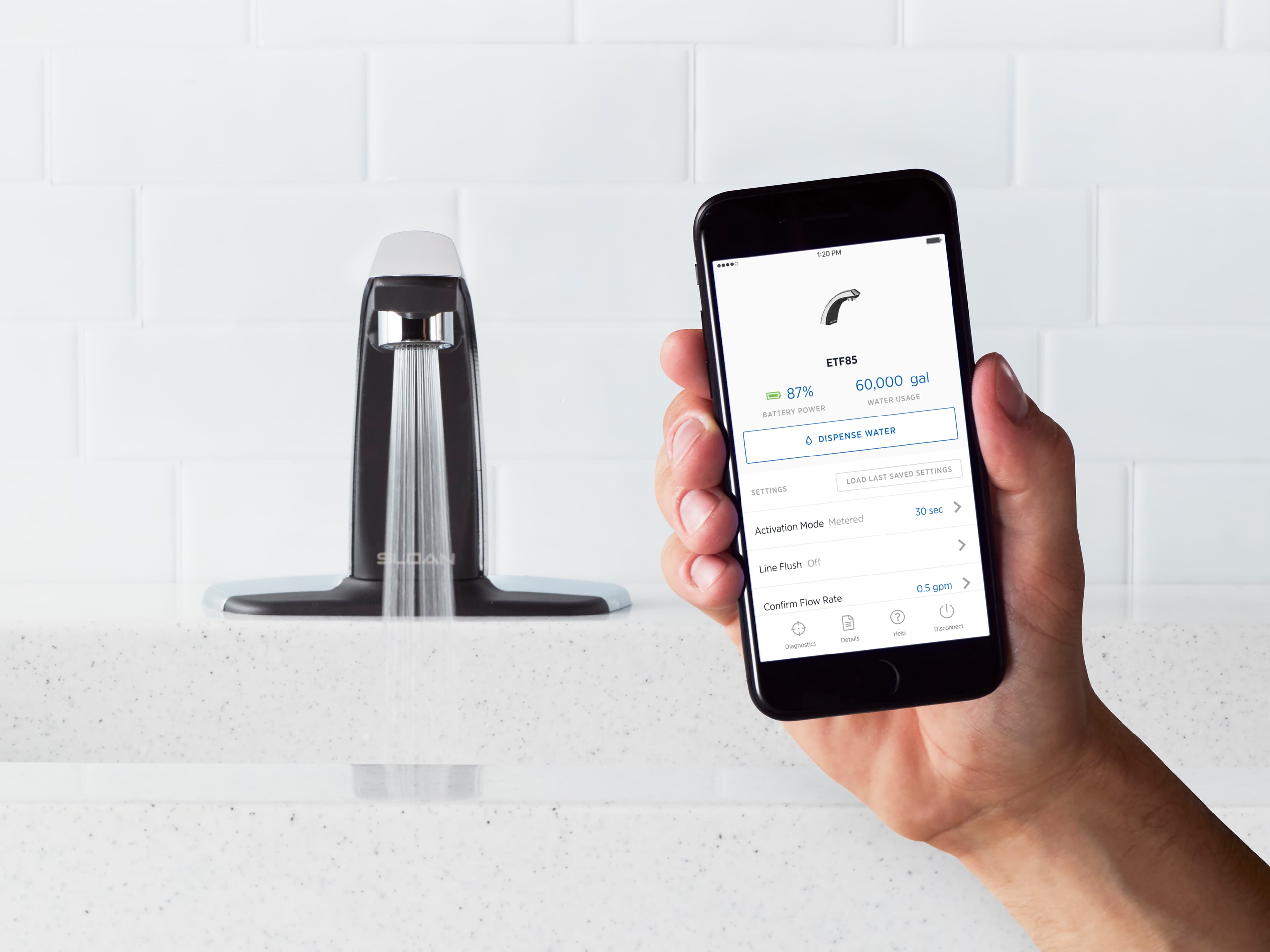 Optima Faucets smartphone with Sloan Connect app showing