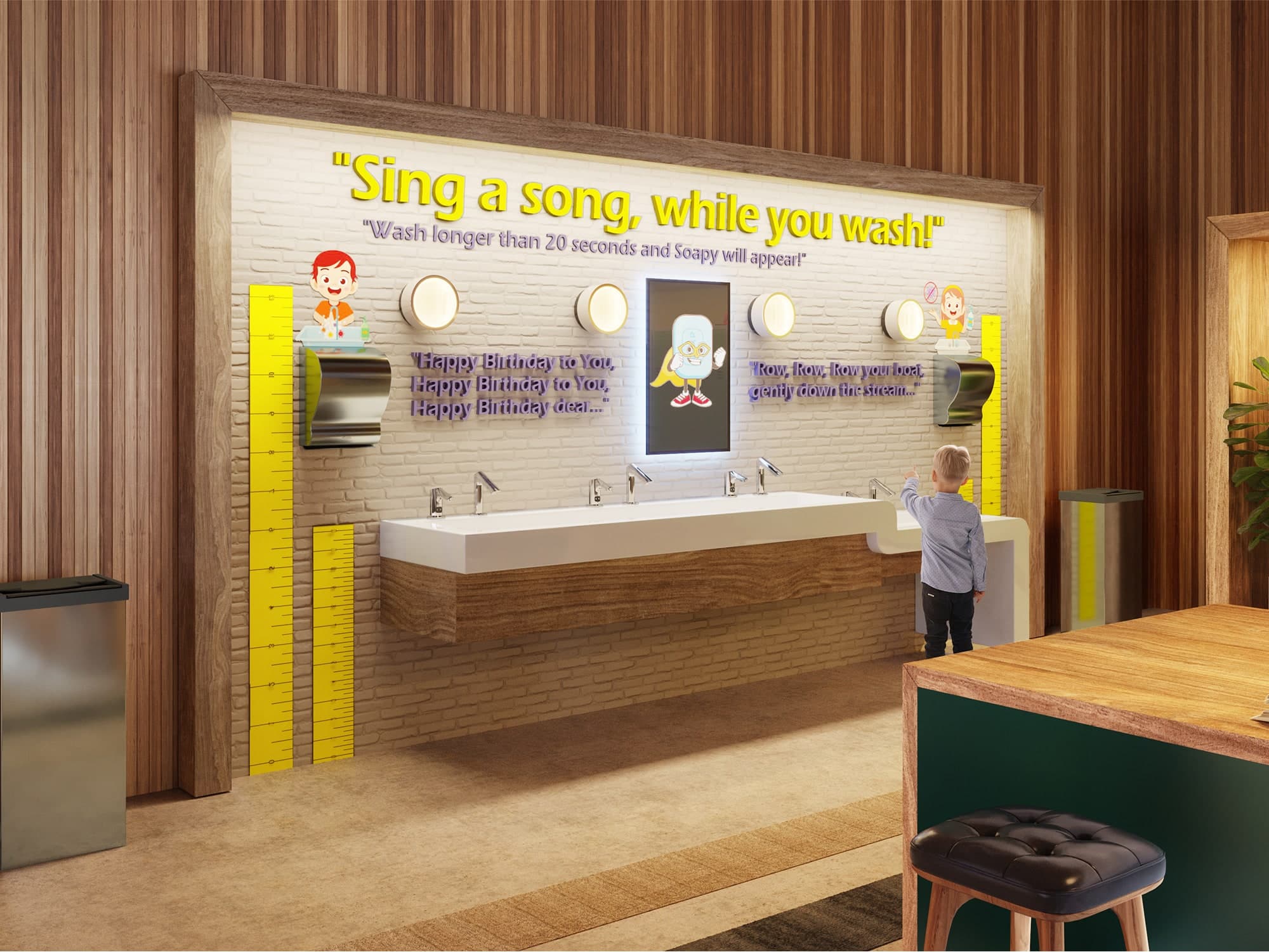 Four-station SloanStone® Waterfall Sink with Optima® faucets and Sloan® soap dispensers in a custom enclosure for promoting handwashing outside restrooms