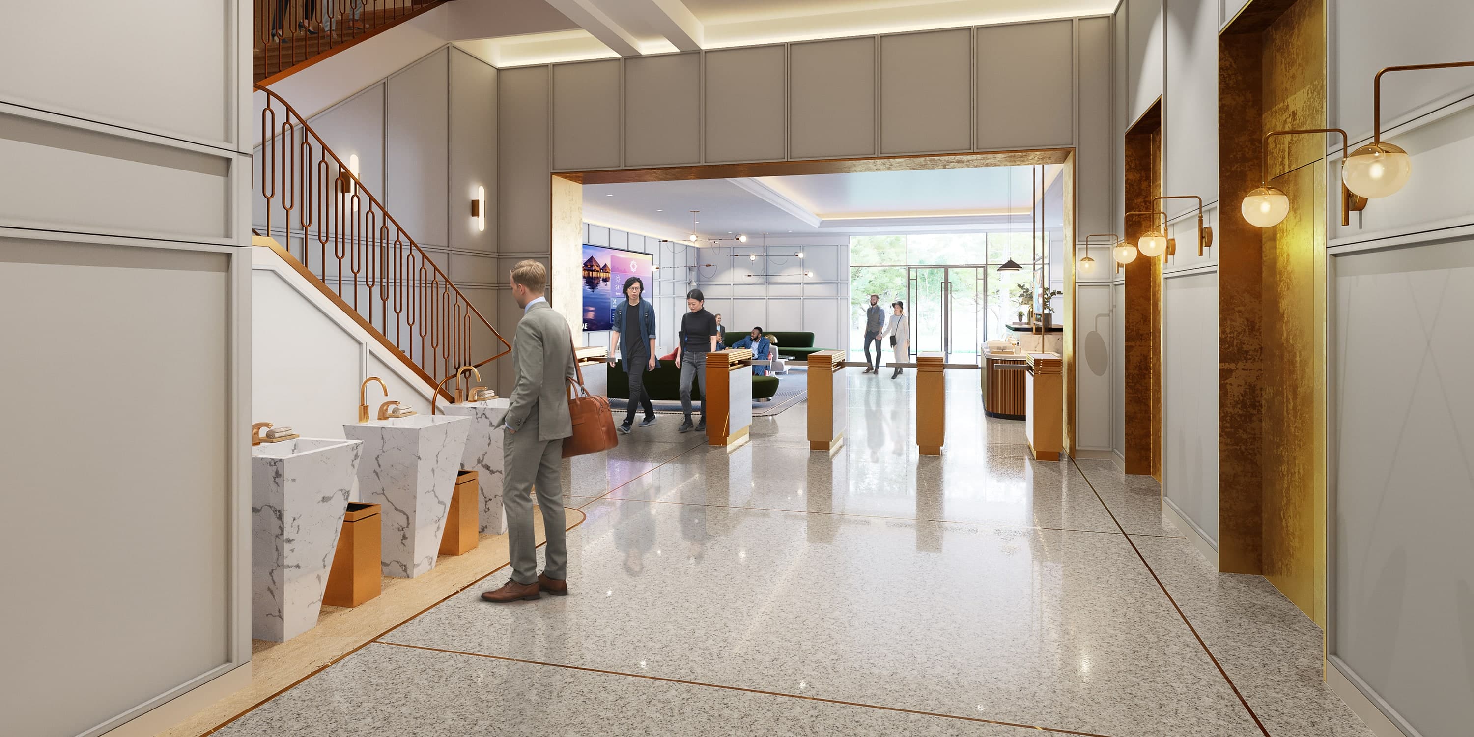 Office entry handwashing station with Optima® gooseneck faucets and Sloan® soap dispensers in polished brass.