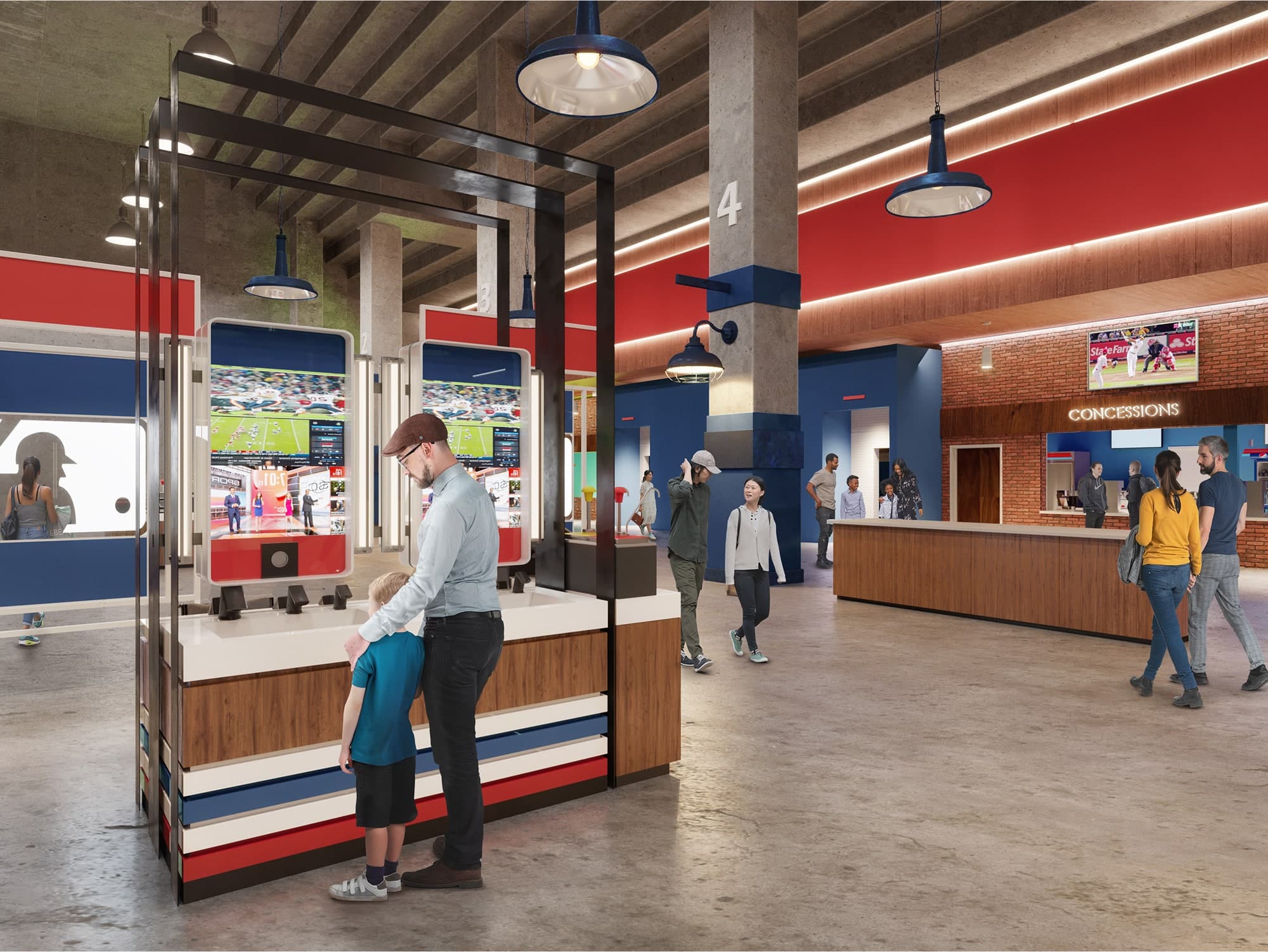 Handwashing station featuring the AER-DEC® Integrated Sink System AD-82000 with custom enclosure, installed in a stadium to promote hygiene in high-traffic areas where many people are in contact with shared surfaces.