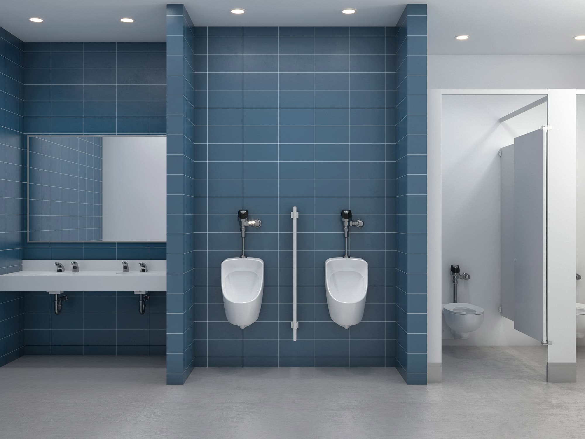 Government building setting commercial restroom with sink, urinals and water closets by Sloan.