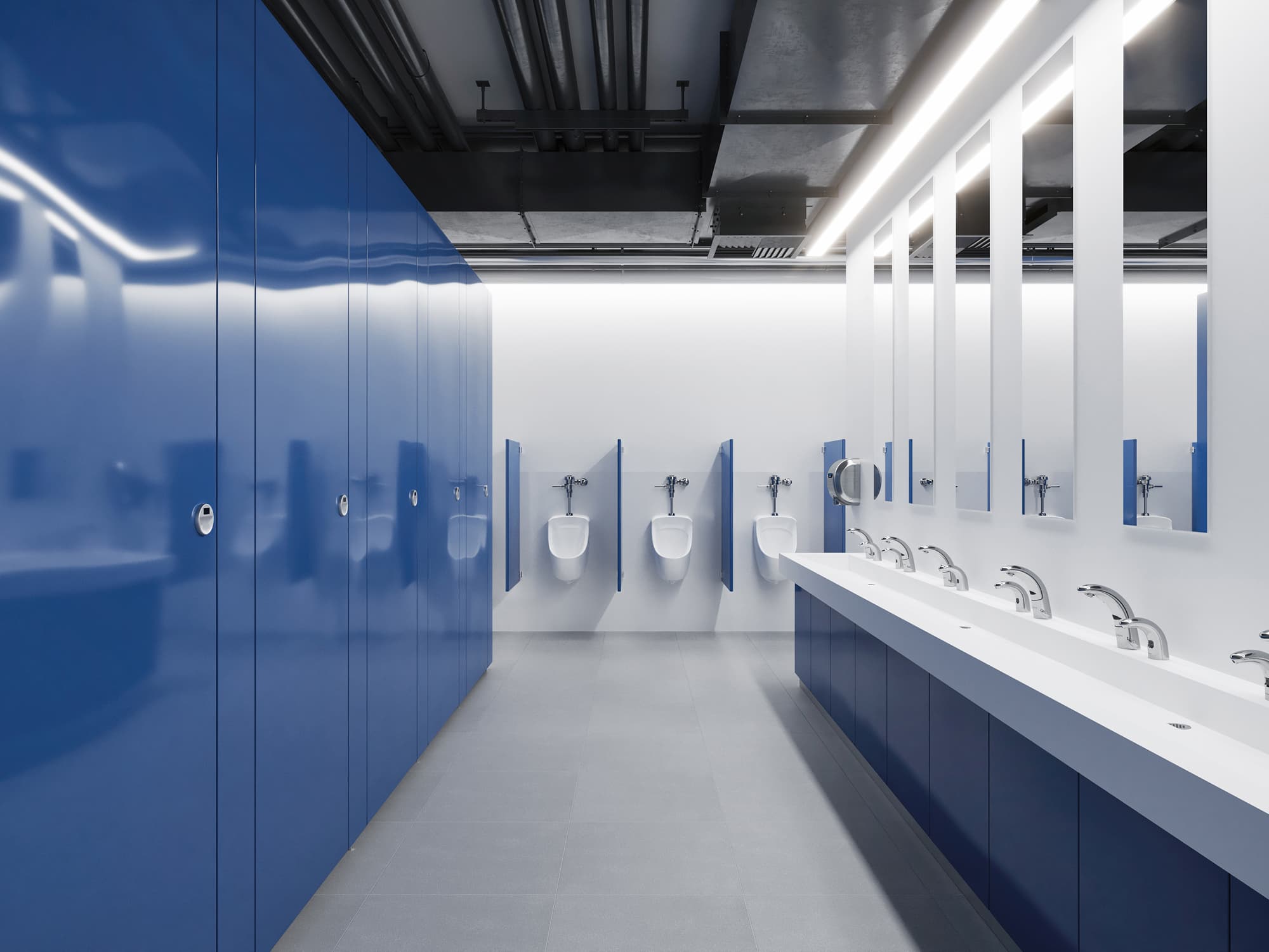 high school restroom with Sloan products and blue water closet partitions