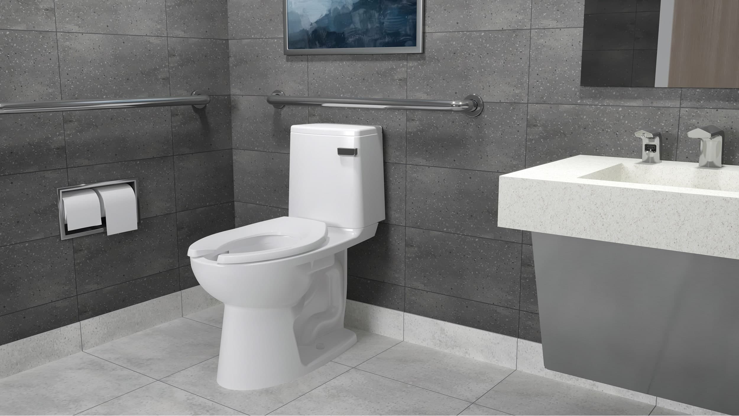 Gravity Toilet in a single stall commercial restroom - perfect for ADA requirements