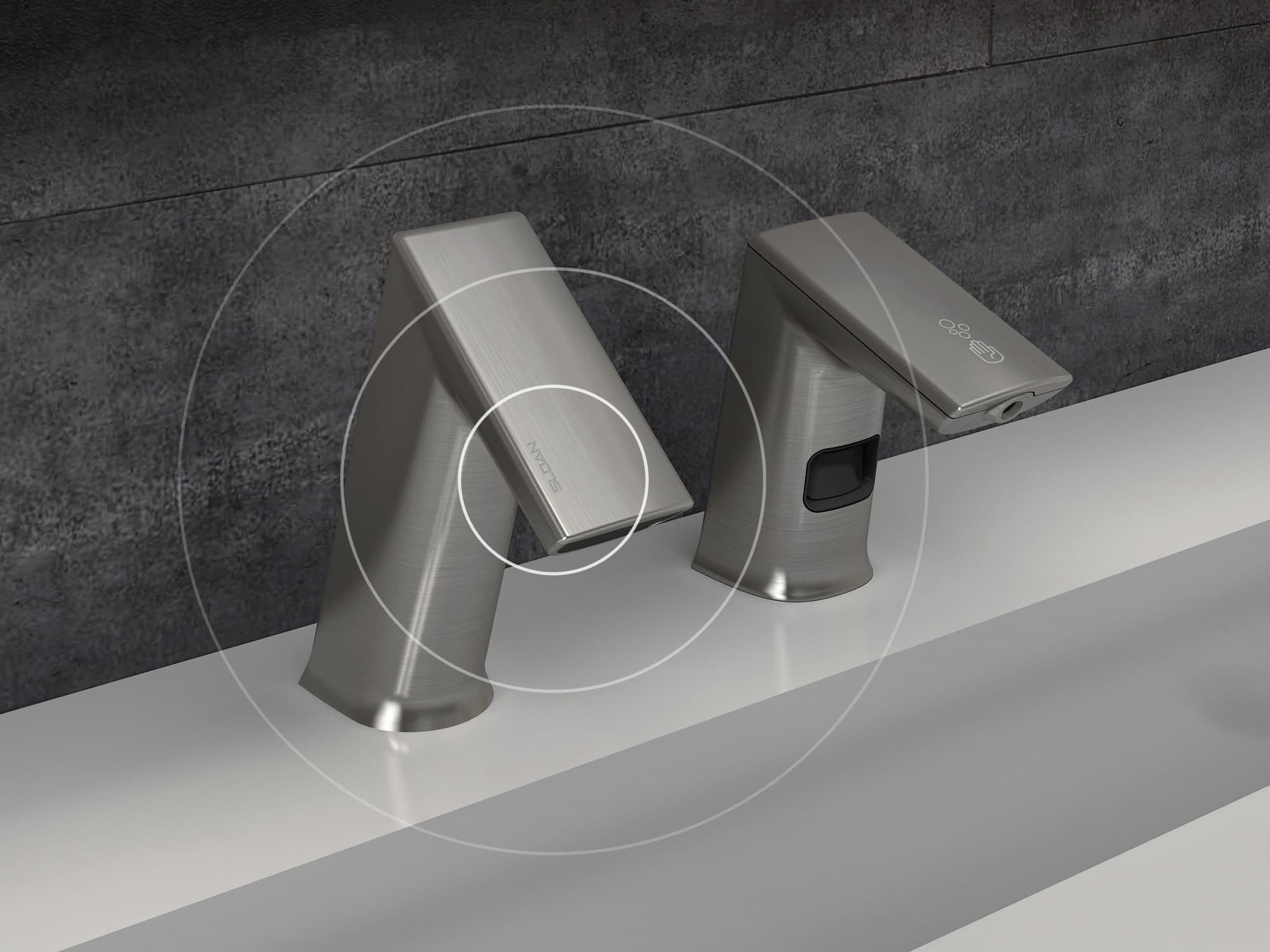 A faucet and soap dispenser sitting on a sink deck with bluetooth wireless pulsating waves emmiting off of them