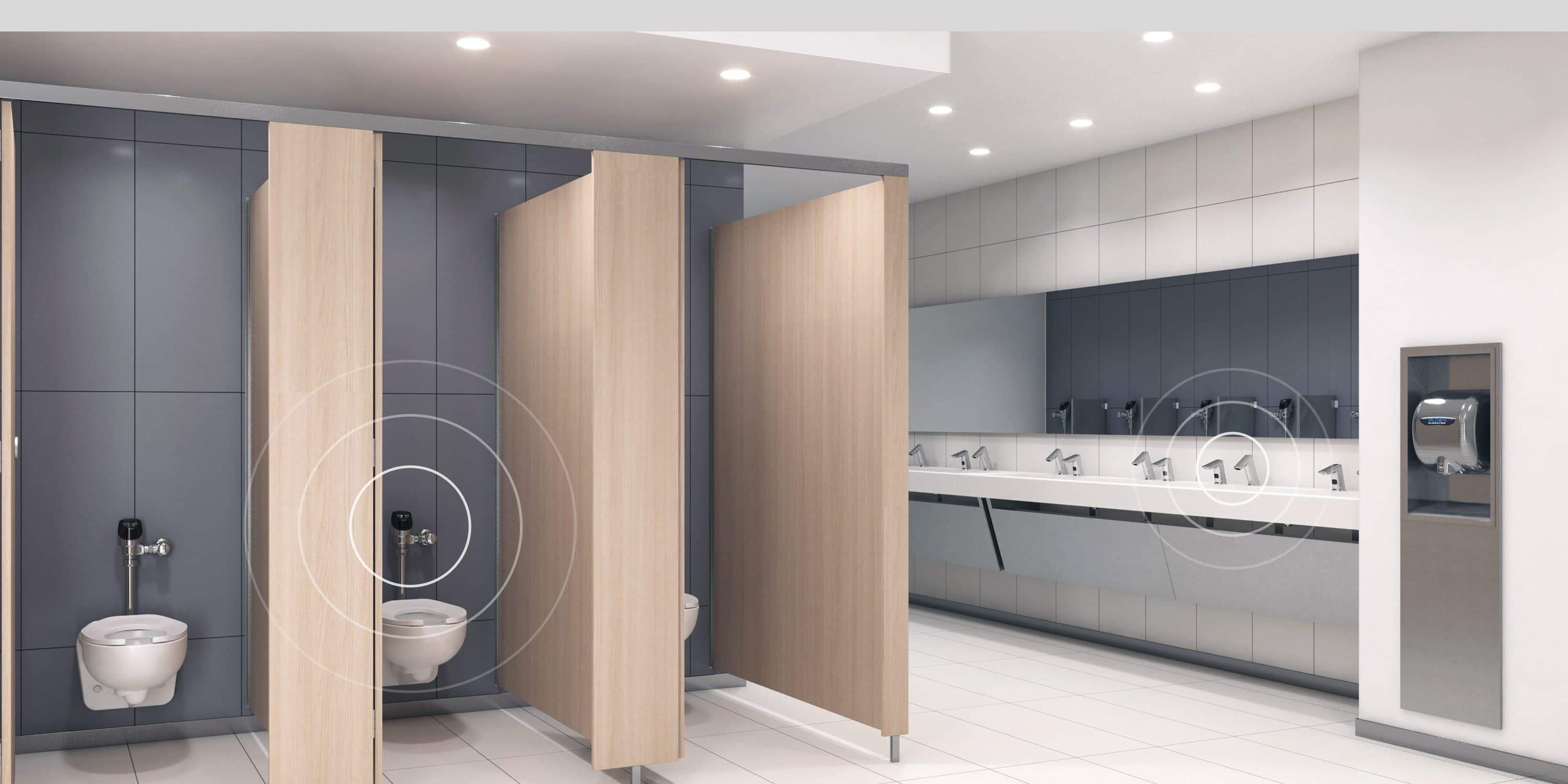 A high-traffic commercial restroom filled with Sloan products that are all part of the Sloan Connected Products family