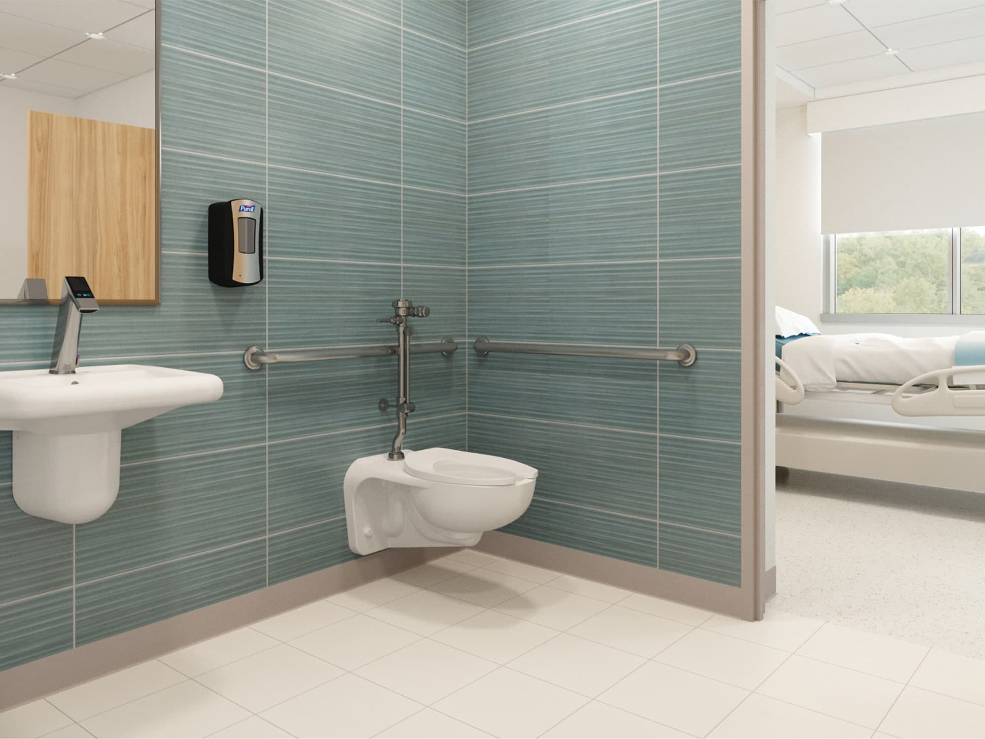 view of bathroom in a hospital featuring sensor faucets, bed pan washers and ADA compliant handles