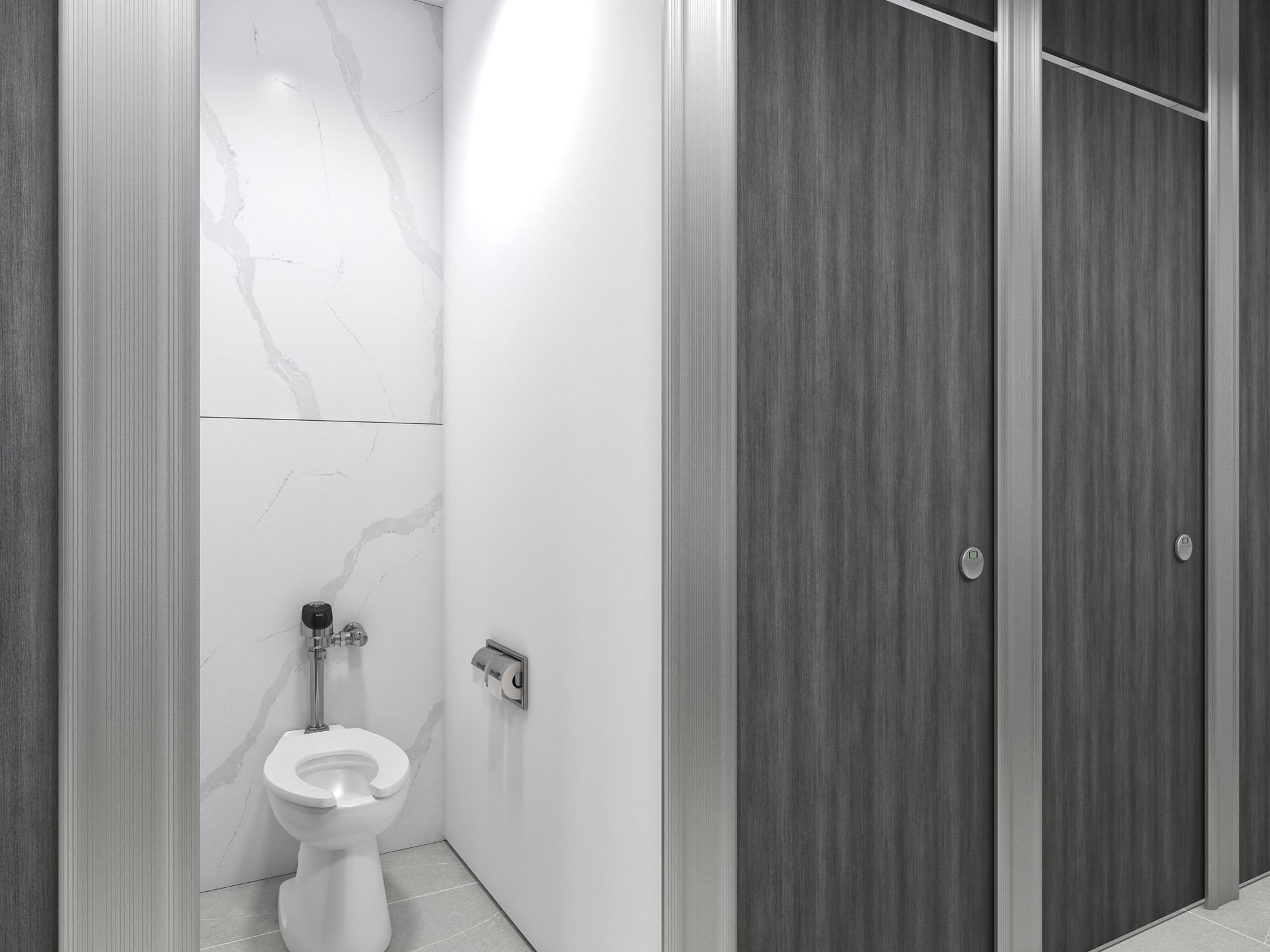 Modern restroom with white marble wall, a toilet, and dark wood stall partitions.