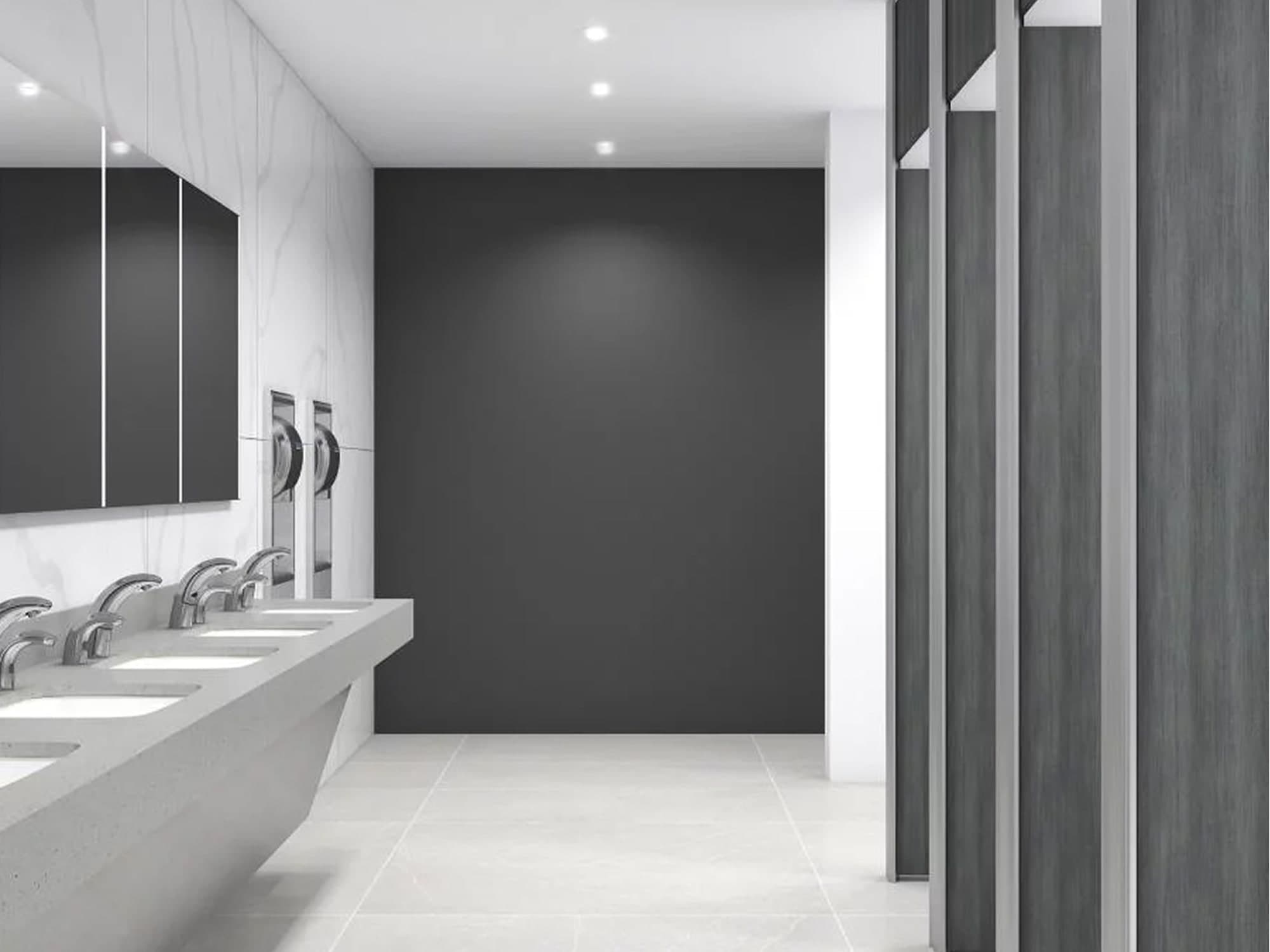 Modern restroom with long countertop sinks, mirrors, and dark wood stall partitions.