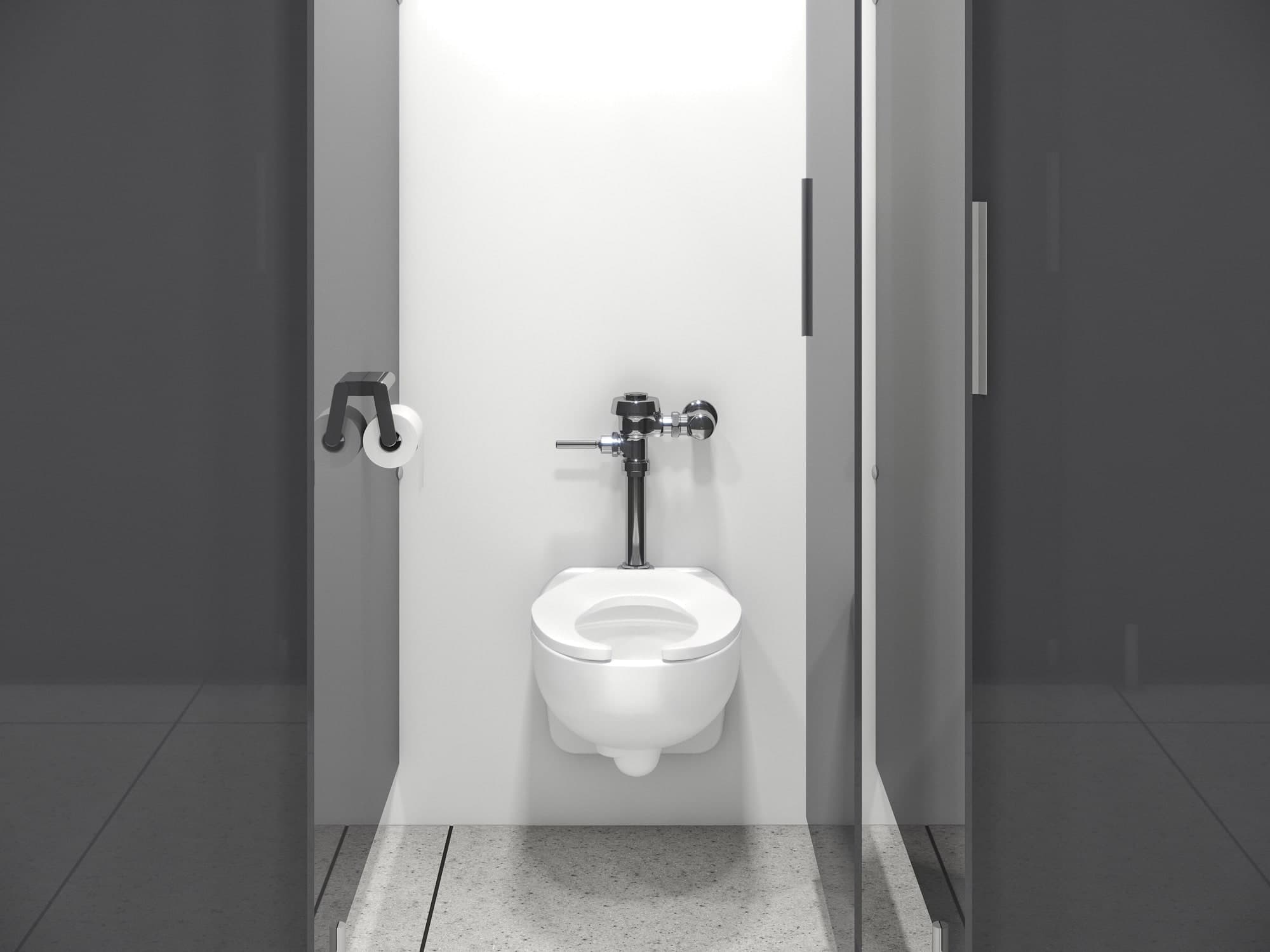 Single restroom stall with wall-mounted toilet and dark gray partitions.