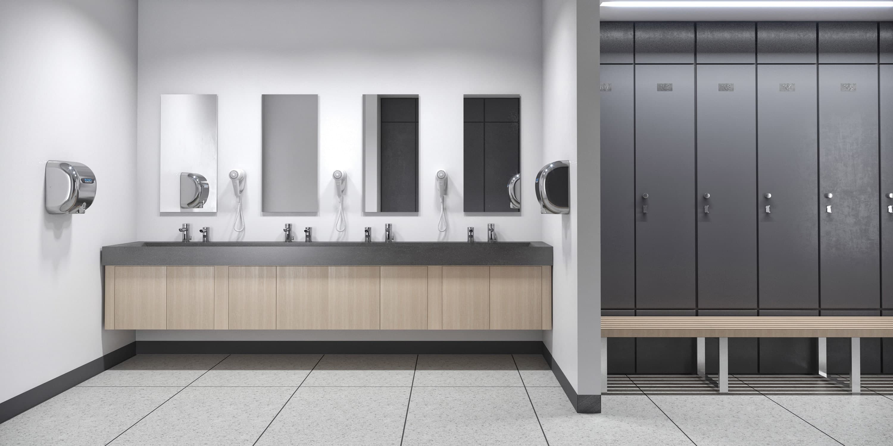Modern restroom with light wood vanity, multiple mirrors, and stainless steel hand dryers.