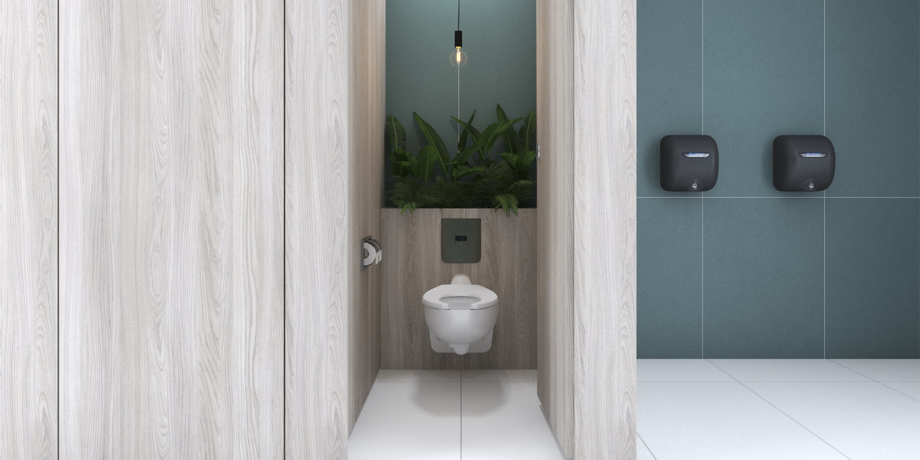 Private stall with light wood panels, wall-mounted toilet, and plants behind the toilet.