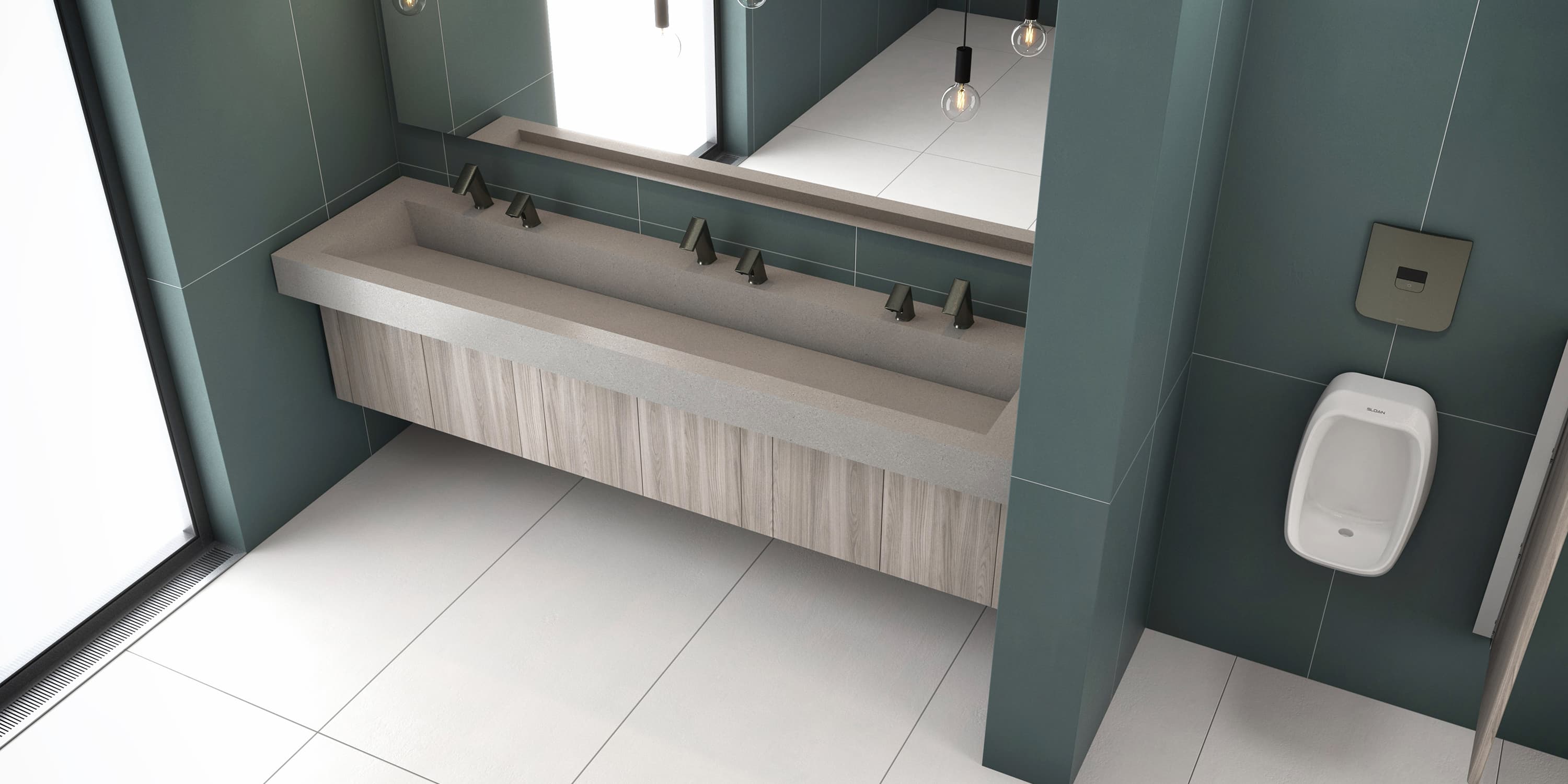 Countertop with sinks, mirrors, and pendant lights in a dark green and wood restroom.