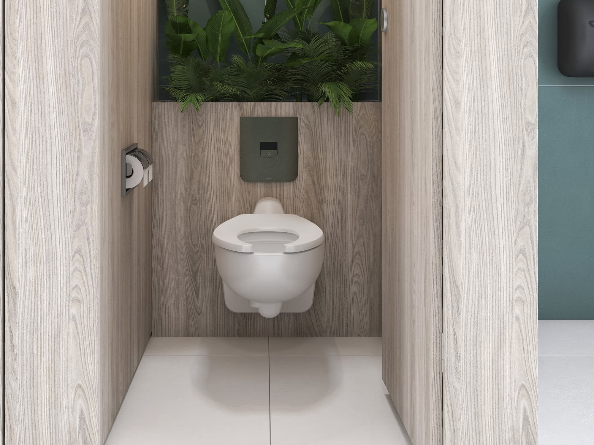 Wall-mounted toilet inside light wood partition with plants behind.