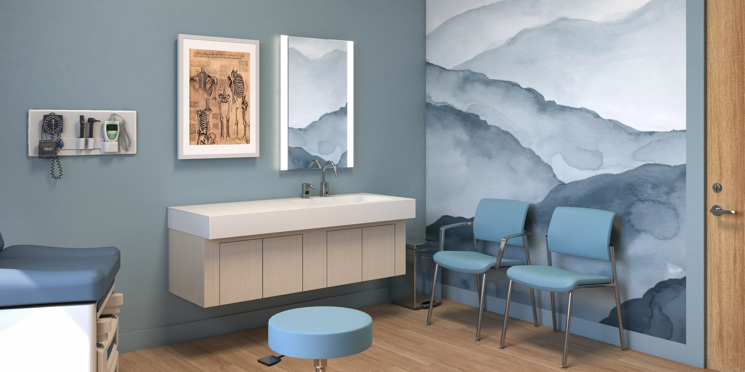 Modern medical waiting room with blue chairs, wall art, and a sink with wood vanity against a blue wall.