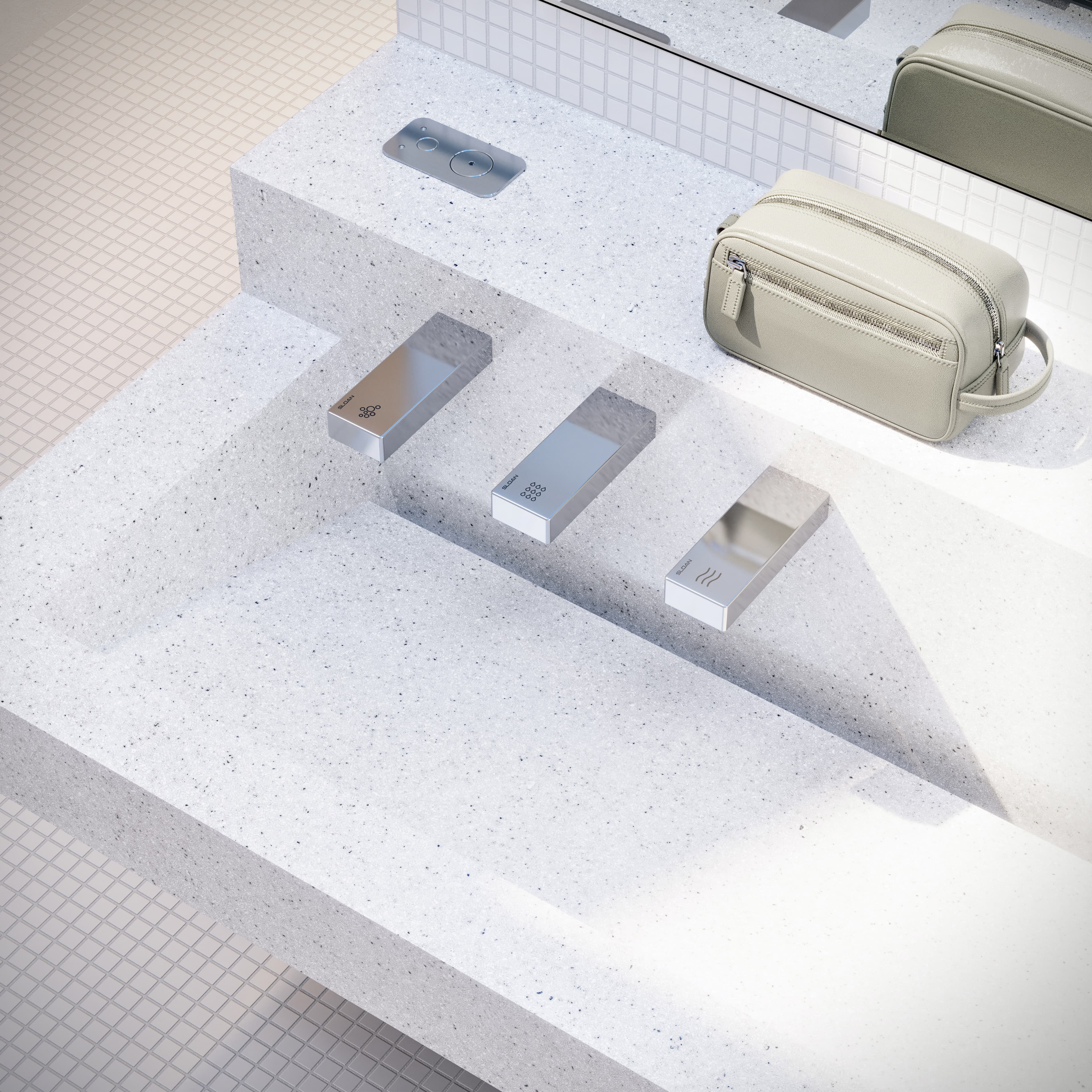 FLITE-DEC™ Integrated Sink System with fixtures in Polished Chrome and a toiletry bag on the available countertop space