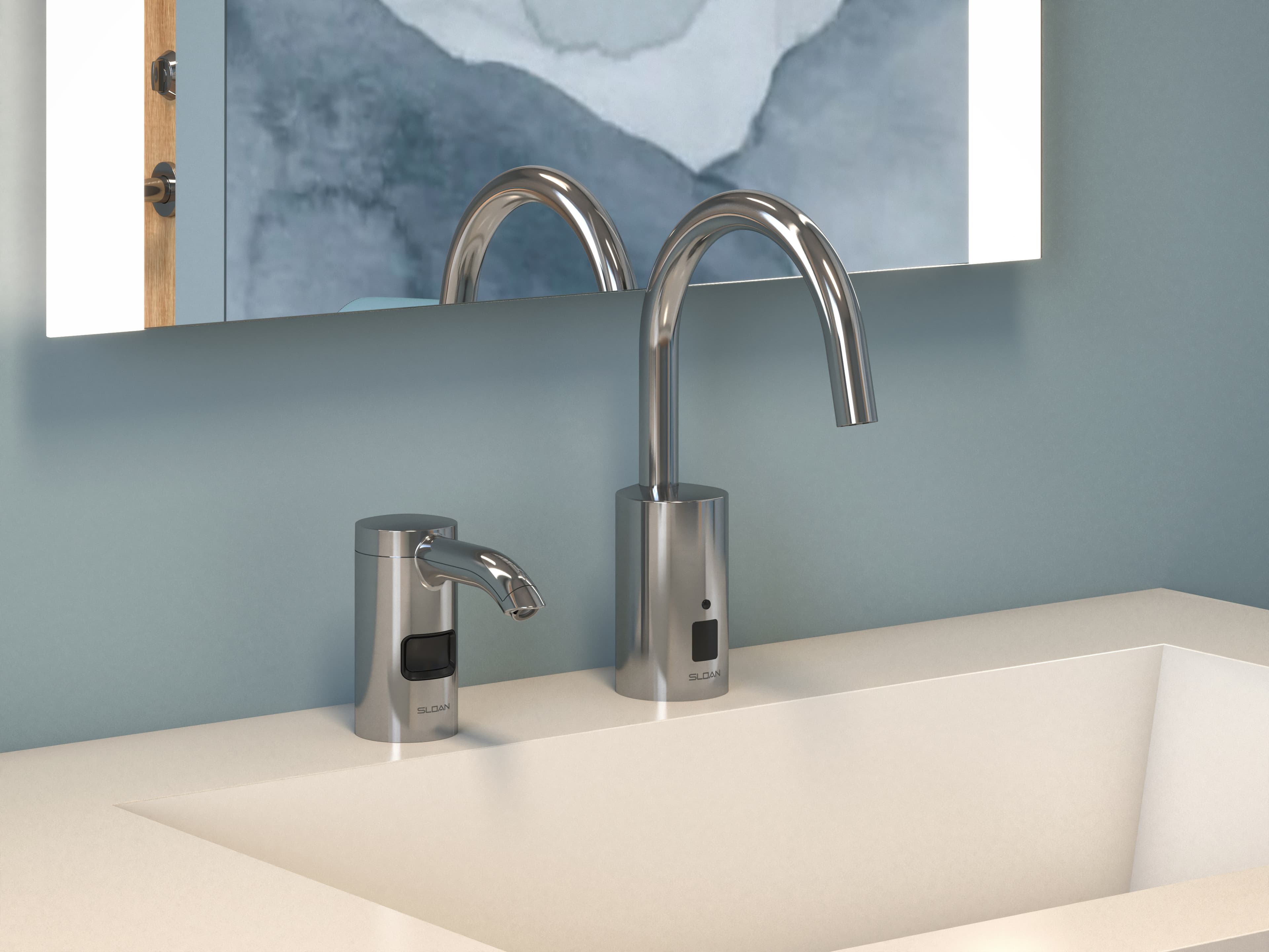 Close up of a goose neck faucet and soap dispenser in a healthcare setting