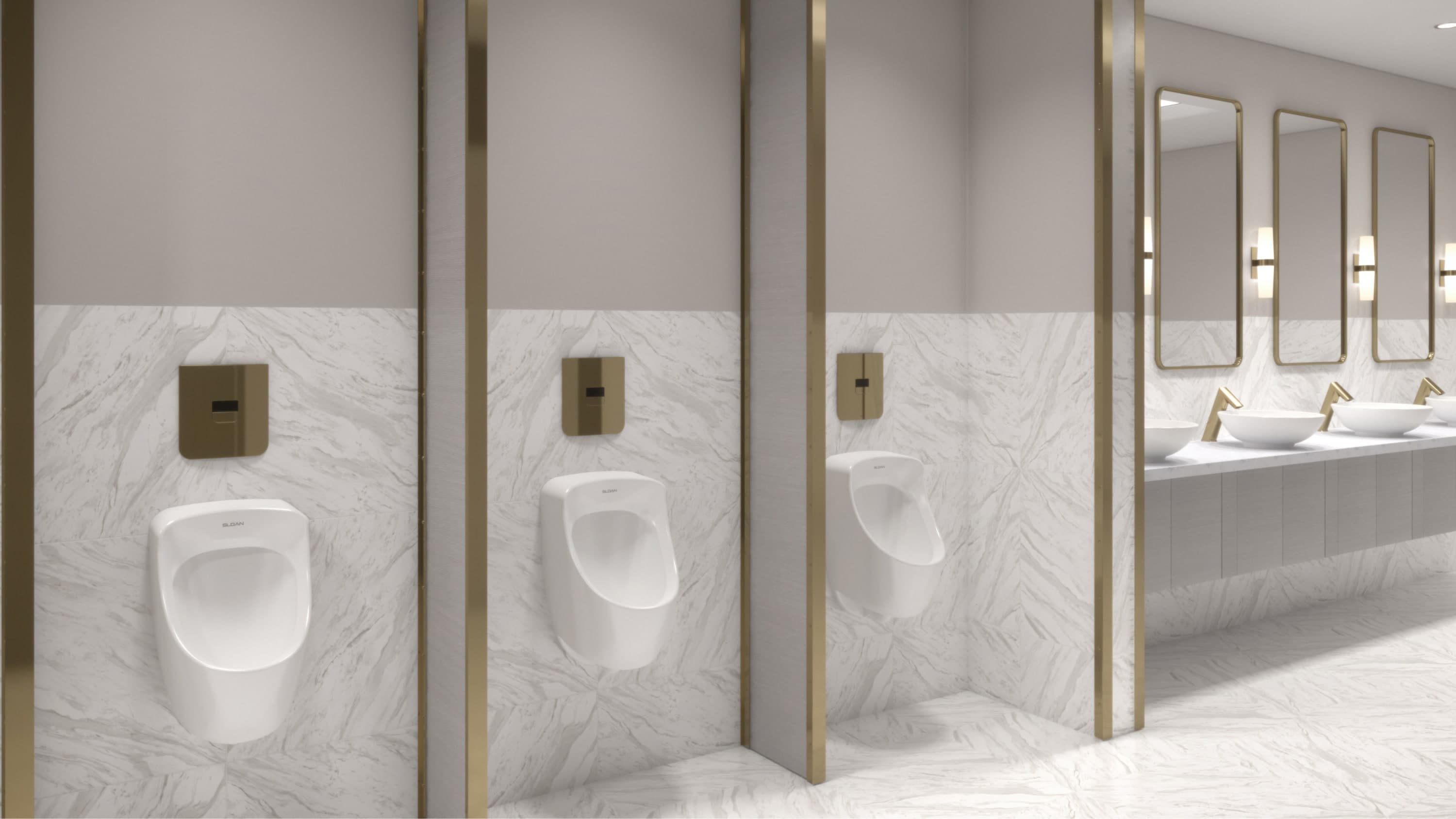 Commercial restroom with wall-mounted urinals featuring polished brass sensor flushometers, partition dividers, and a row of sinks with mirrors along the side wall.