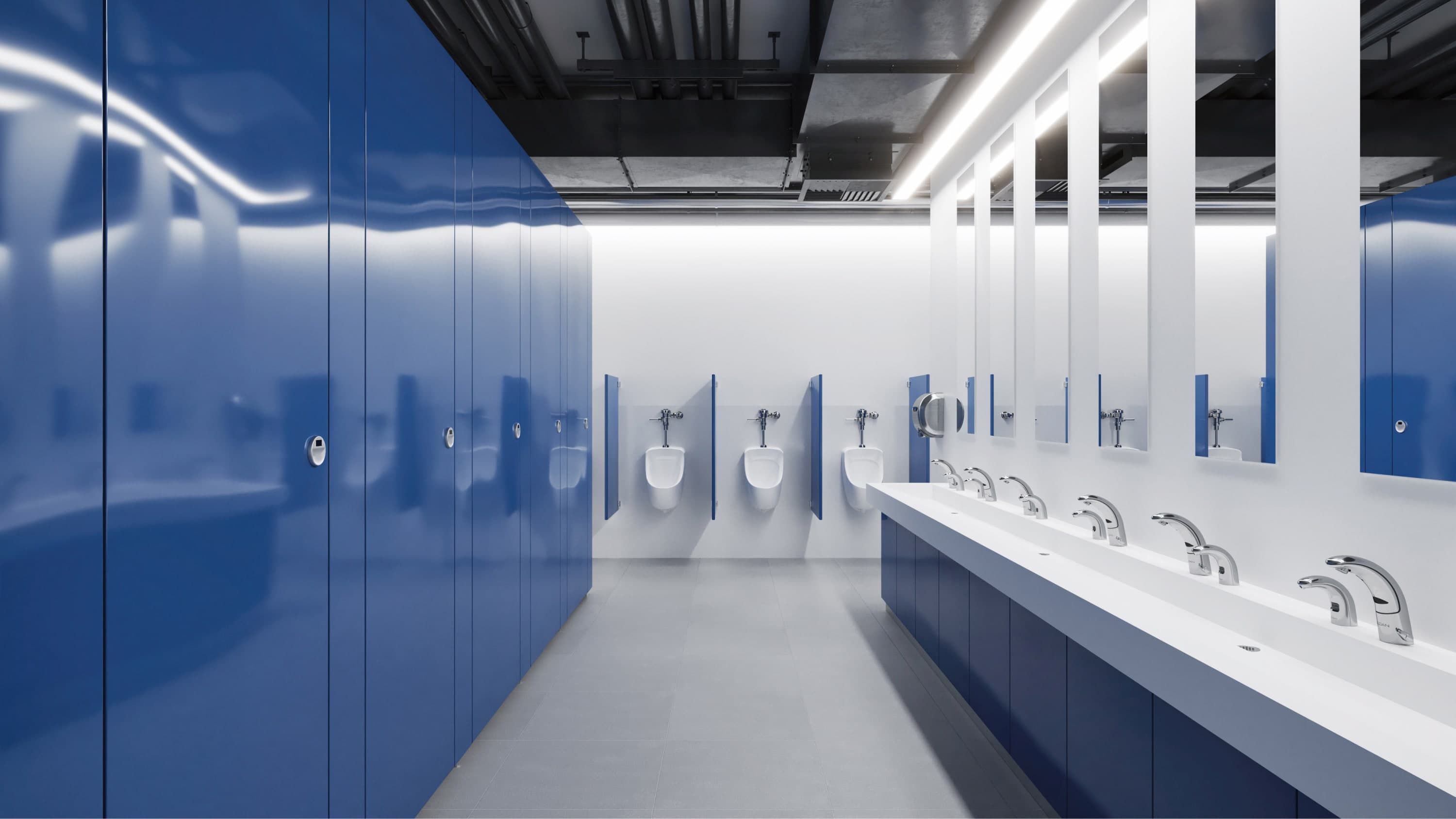 Modern commercial restroom with bright blue stall panels, a row of wall-mounted urinals, and a long white vanity featuring multiple polished chrome faucets beneath illuminated mirrors.