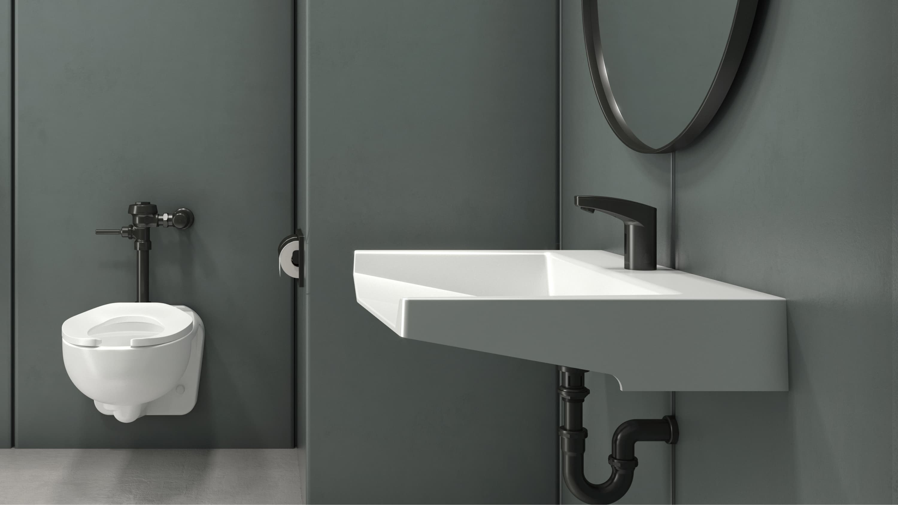 Modern commercial restroom with a wall-mounted white sink and black faucet in the foreground, paired with a wall-mounted toilet in the background, set against gray walls with minimalist design.