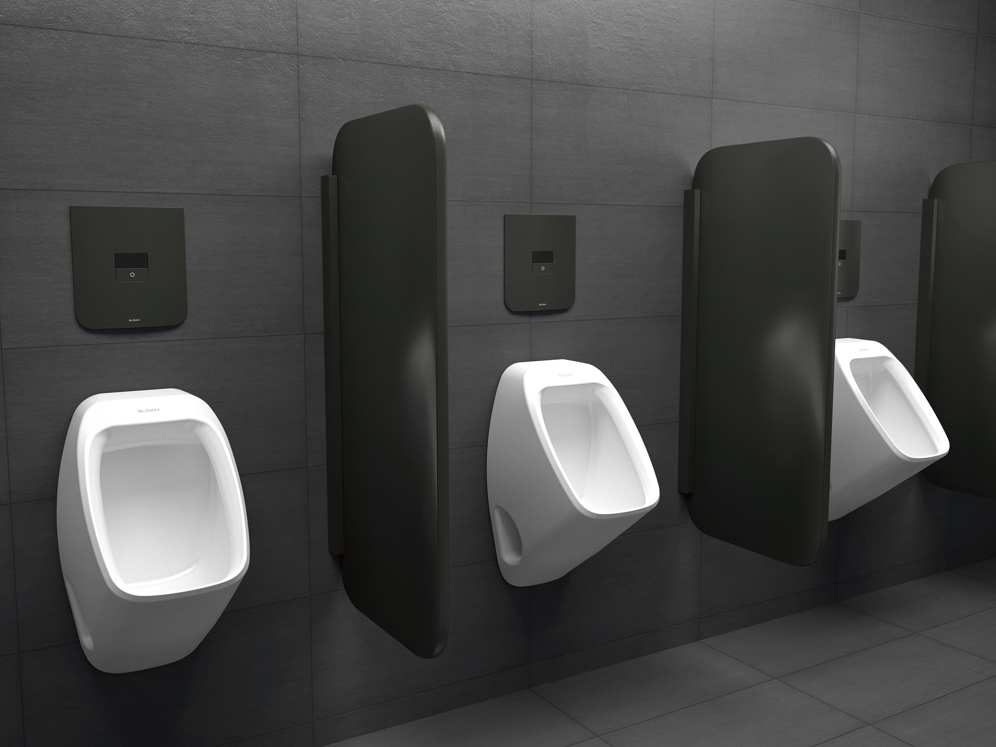 Row of modern white wall-mounted urinals with black privacy dividers and flush valves, installed against dark tiled restroom walls.