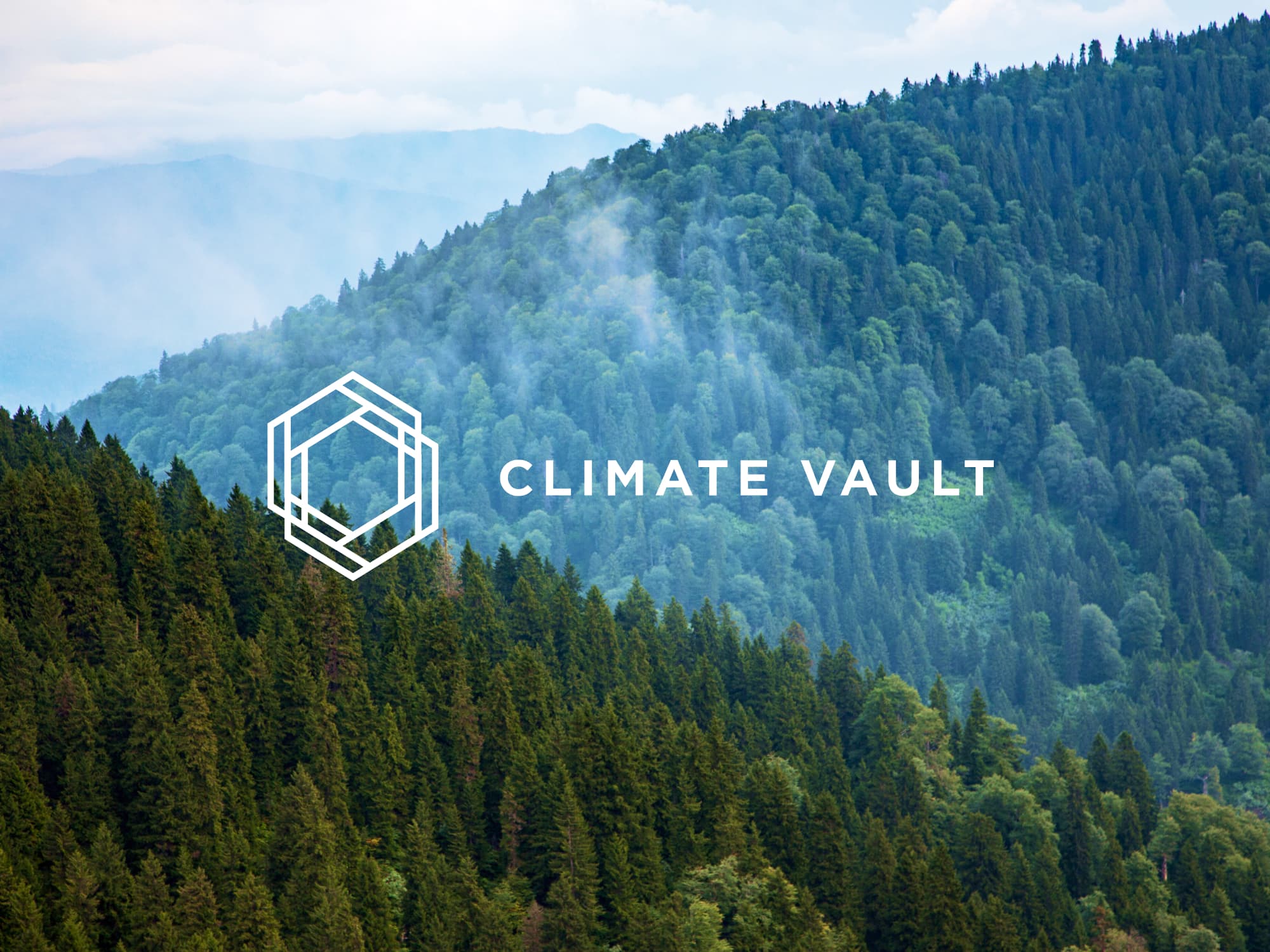A lush green mountain landscape covered in dense pine forests with light mist rising between the hills. The Climate Vault logo and text appear in white overlaid on the image.