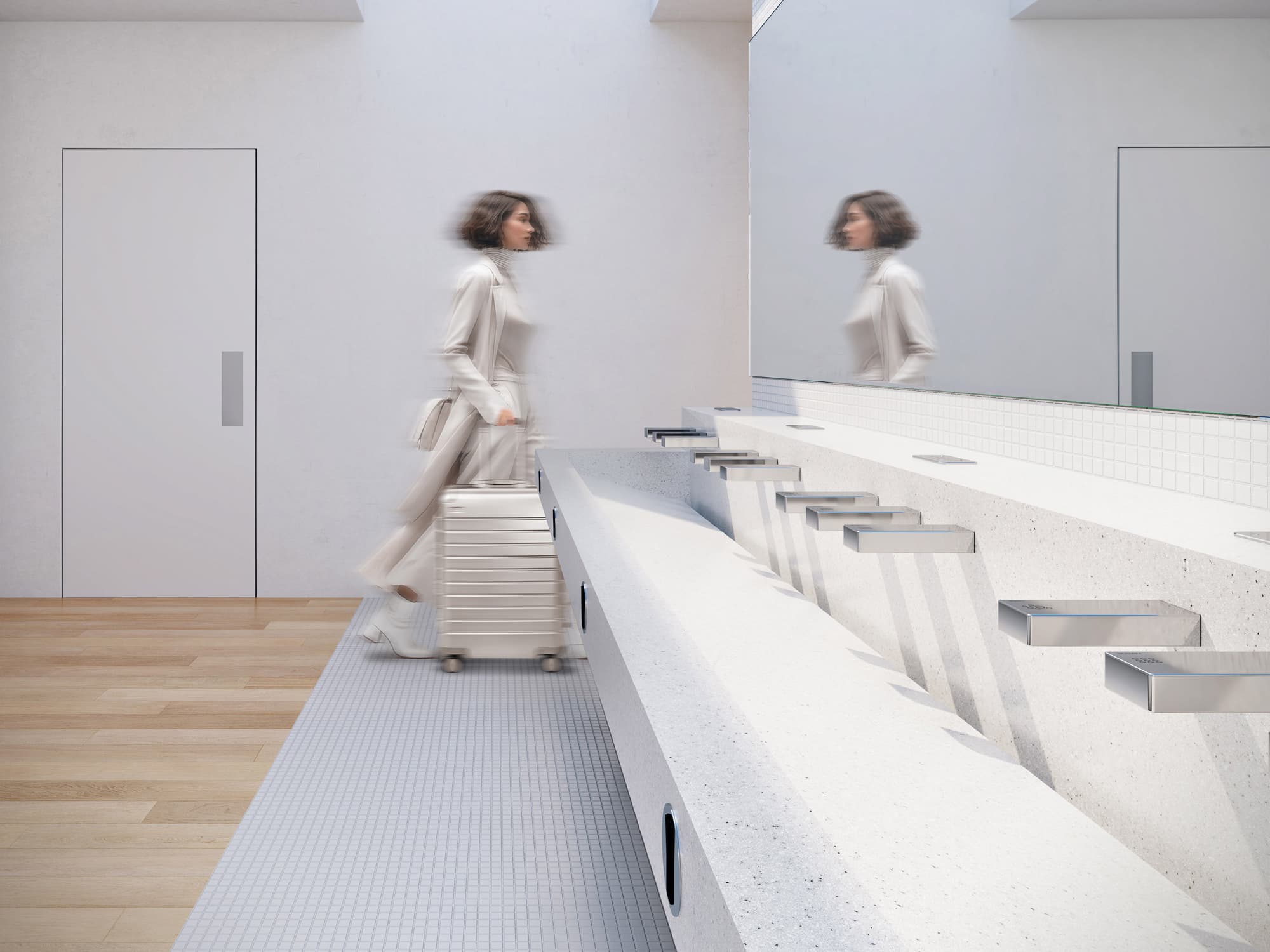 Woman exiting a restroom with FLITE-DEC™ Integrated Sink System