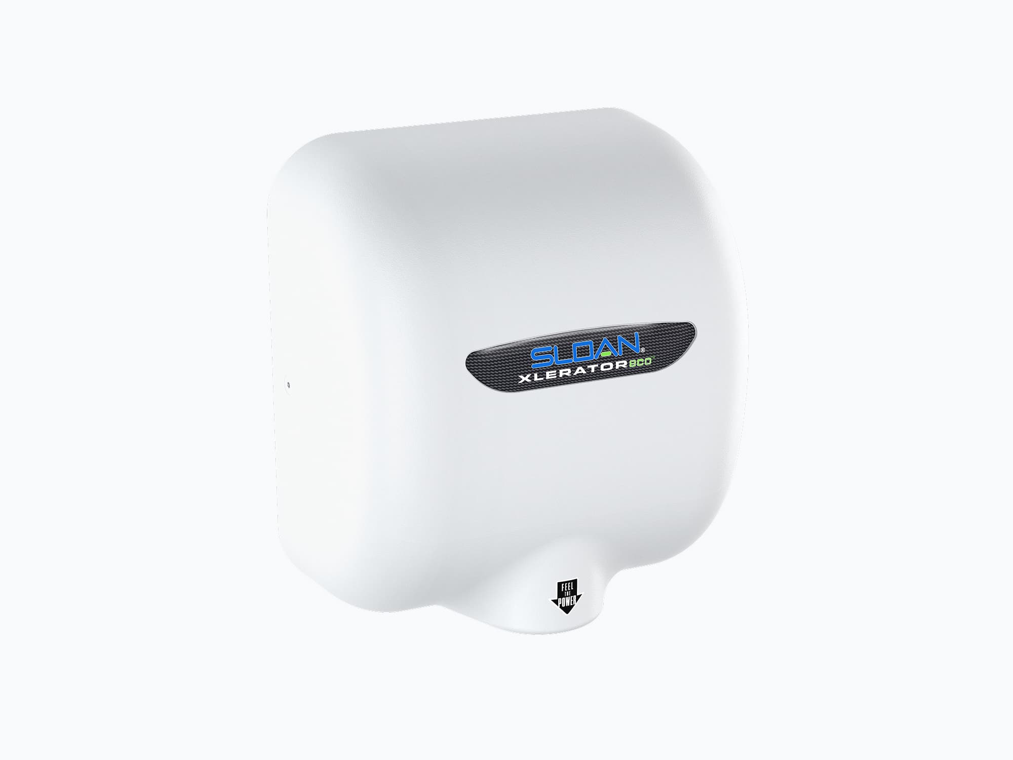 Front view of Sloan Xlerator hand dryer in polished white