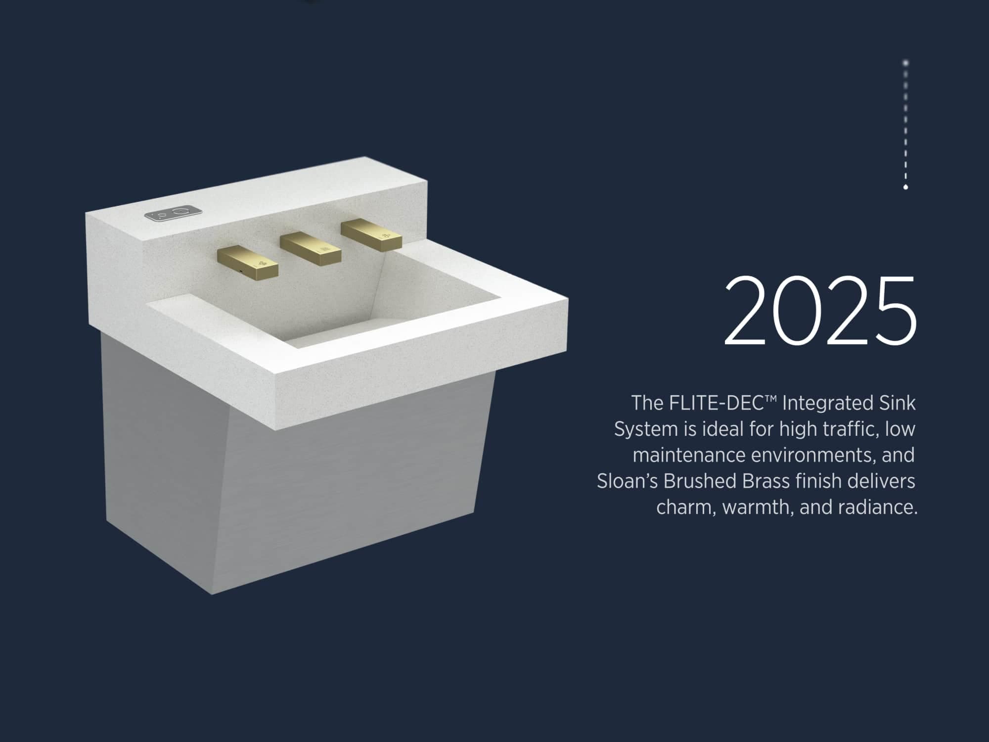 Sloan FLITE-DEC integrated sink system with brass fixtures, presented in a graphic for 2025.