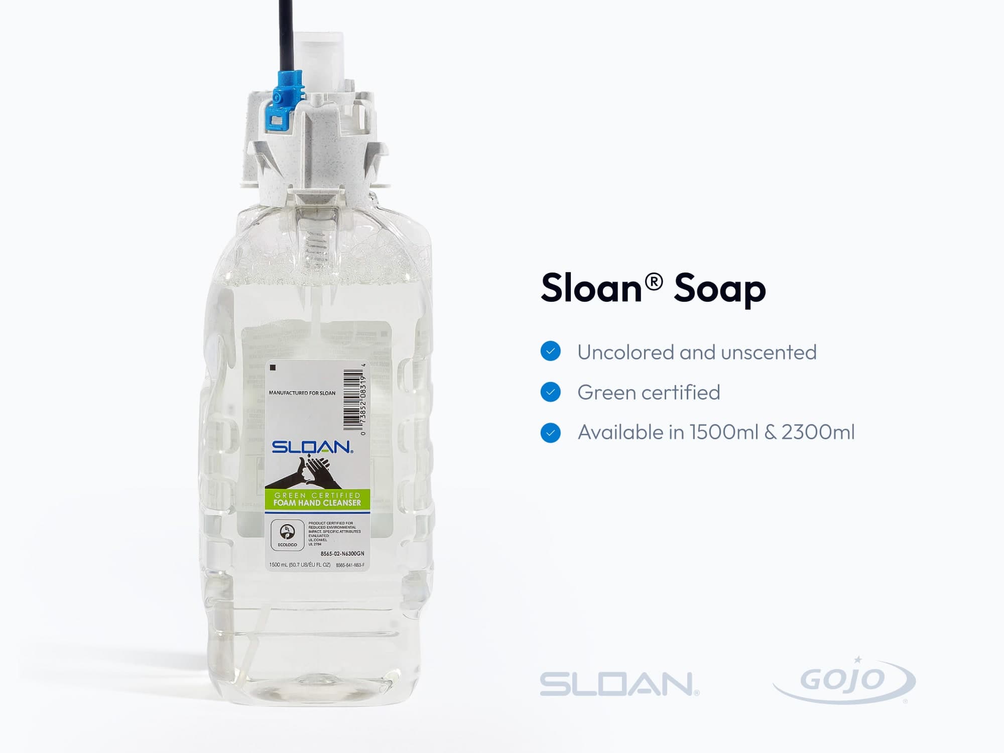 Clear refill bottle of Sloan® Soap with pump dispenser, shown beside text highlighting key features: unscented and uncolored, Green-certified, available in 1500ml and 2300ml sizes.