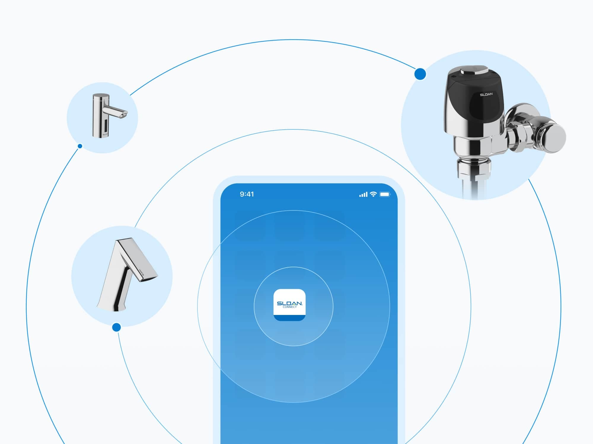 Illustration showing smart restroom connectivity. A smartphone with the Sloan Connect app is centered, surrounded by icons representing connected plumbing fixtures—a faucet, a soap dispenser, and a flushometer—indicating wireless control and monitoring via Bluetooth.
