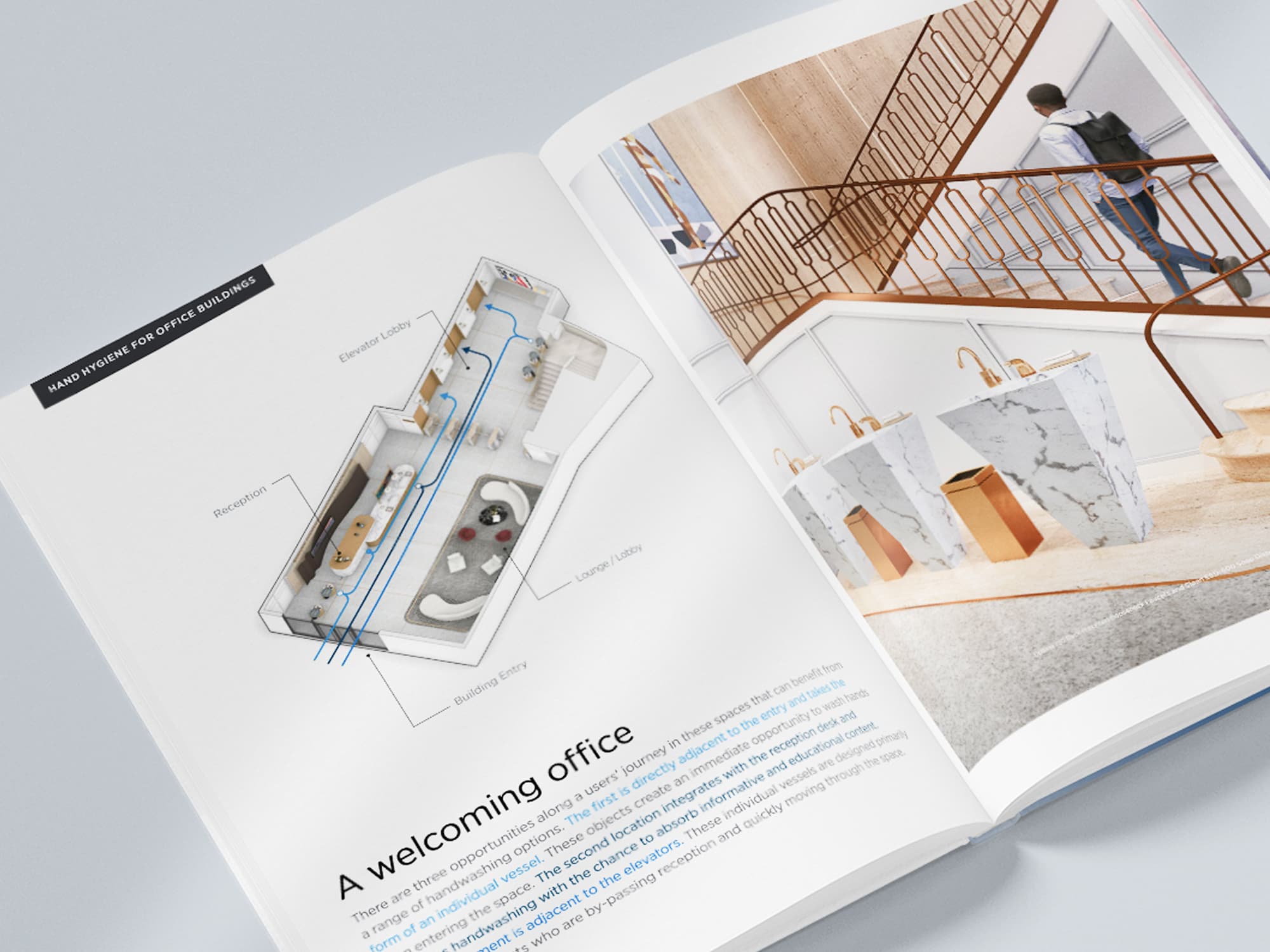 A Sloan brochure open to a spread showcasing products and solutions
