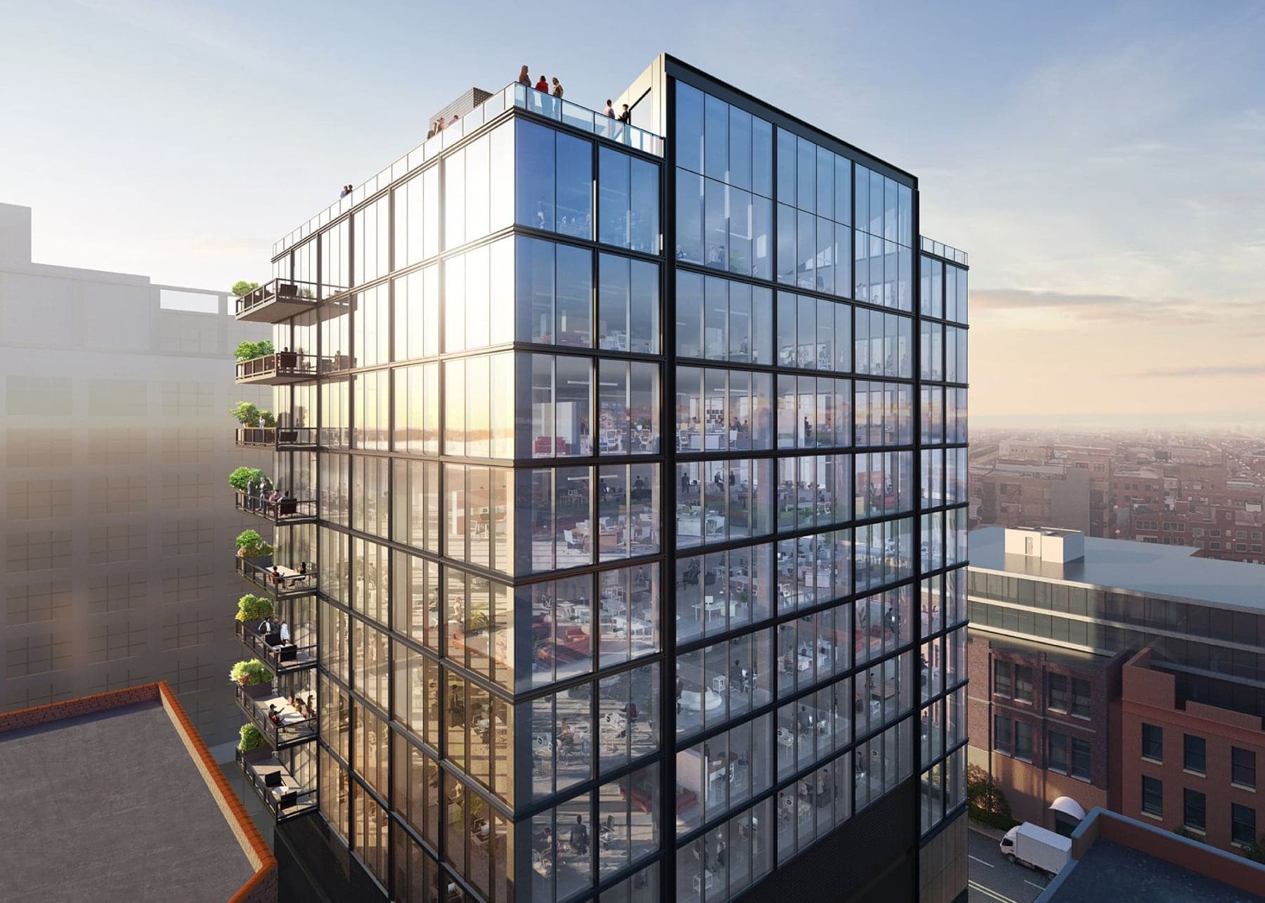 aerial view of high rise building in Chicago featuring glass exterior