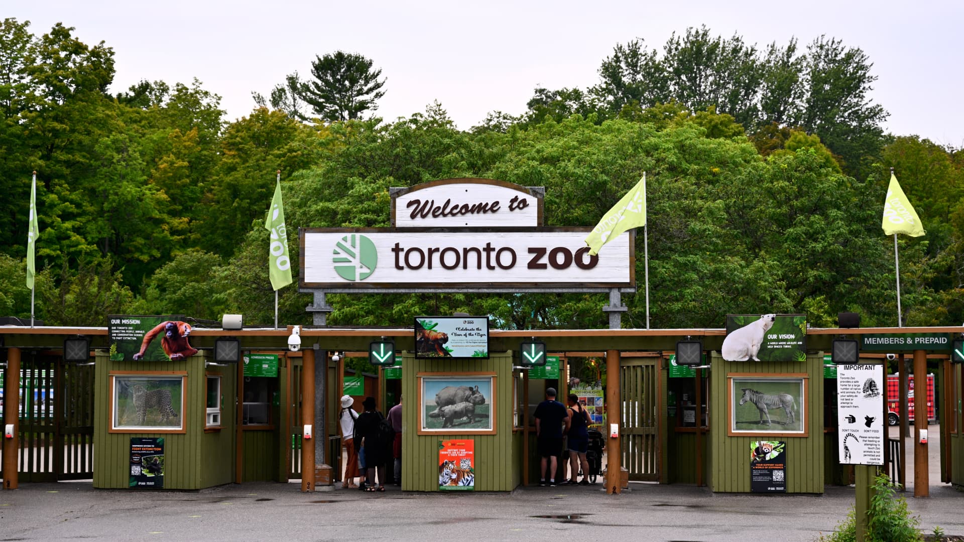 entrance of Toronto Zoo with multiple entry lanes and images of animals found at the zoo