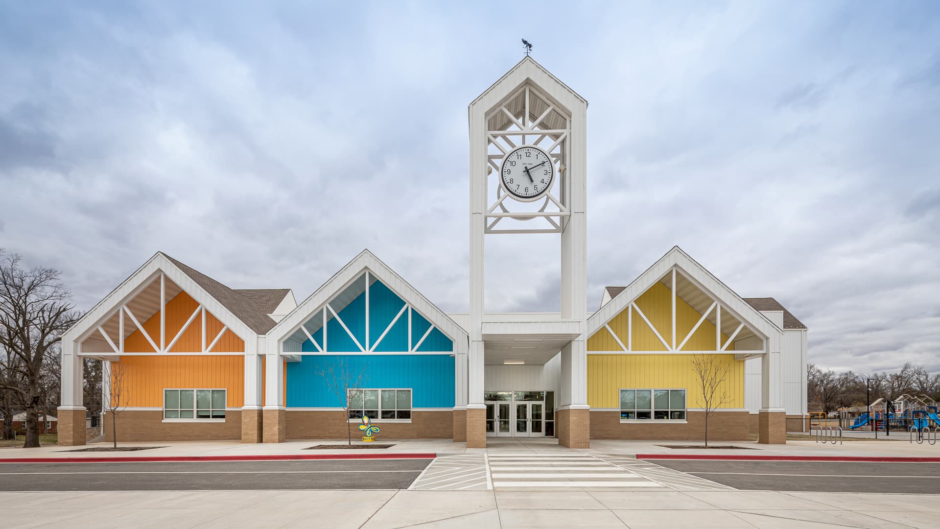 streetview of the Westwood Elementary entrance and it's colorful buildings
