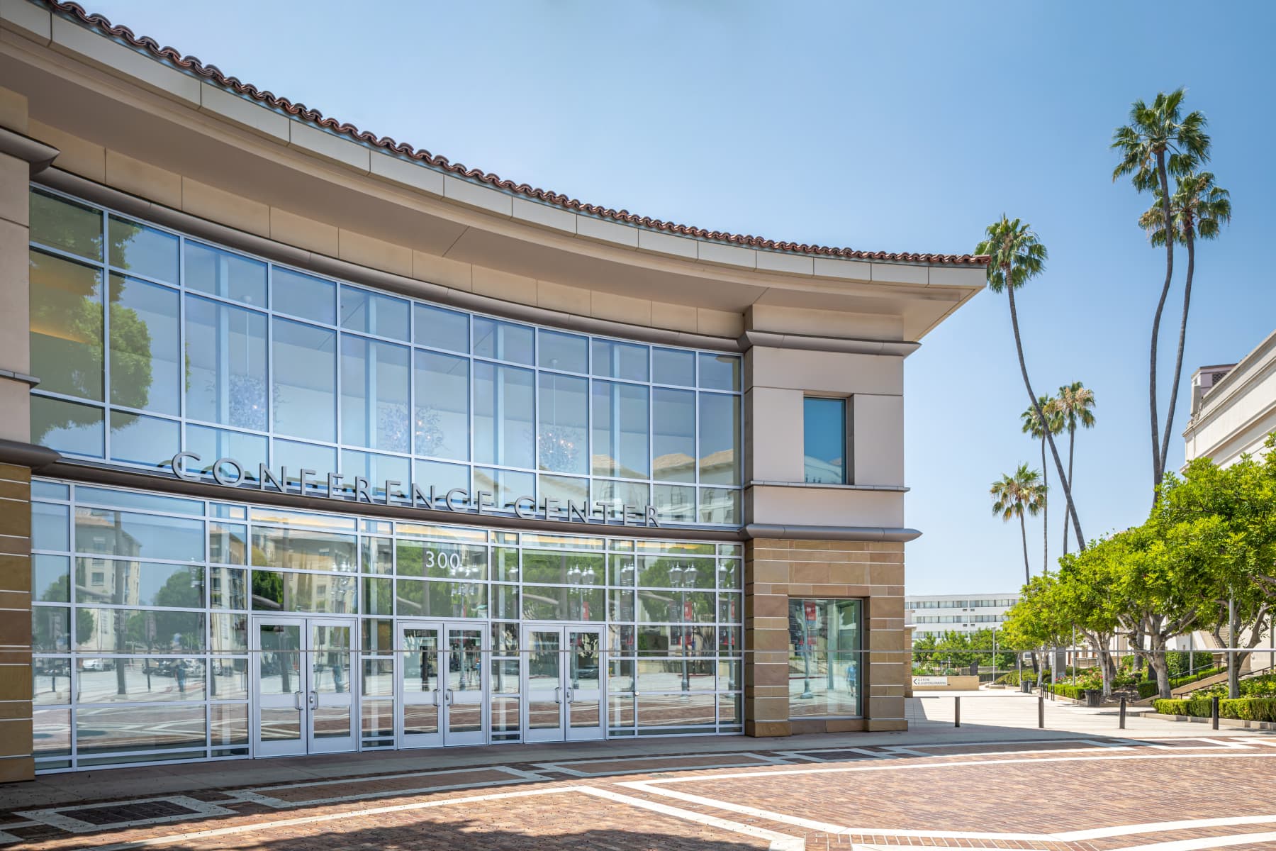 street view of glass exterior of building on a palm tree lined street