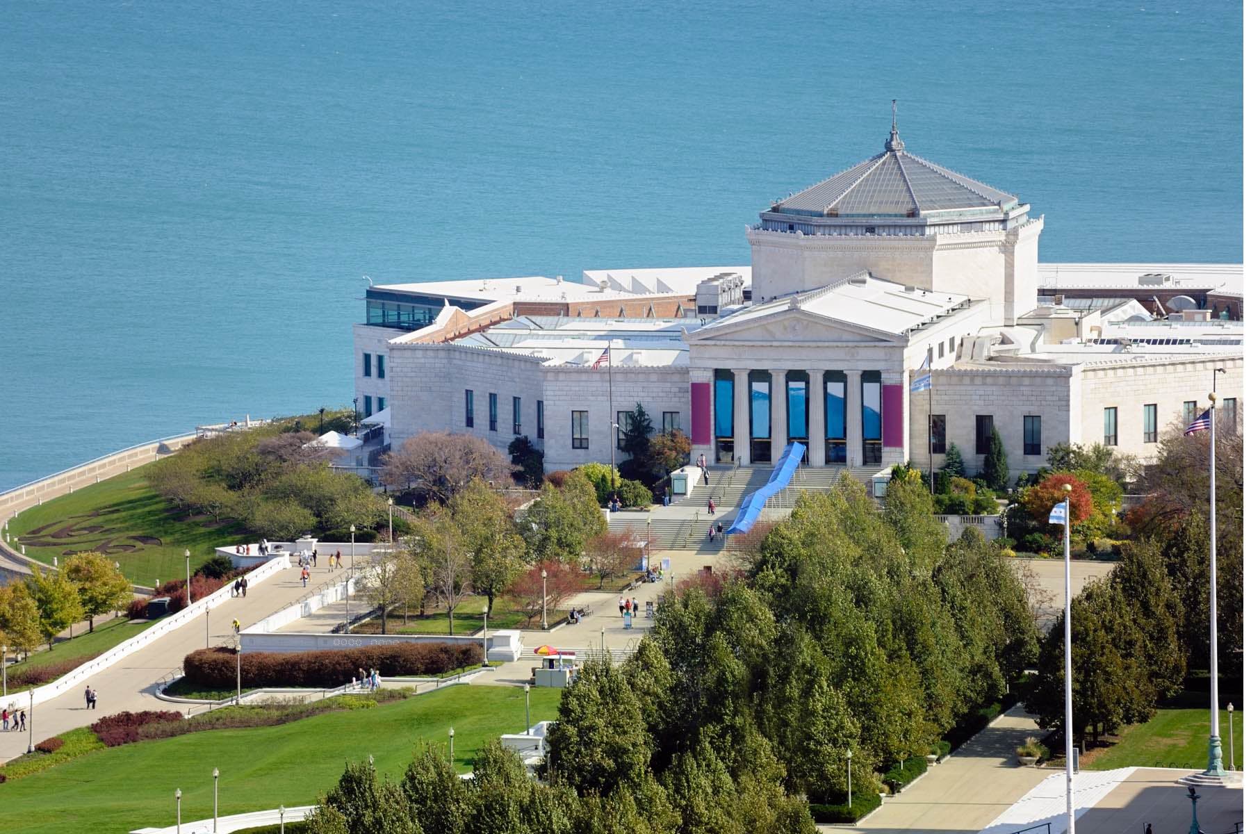 aerial view of Shedd Aquarium in Chicago surrounded by greenery with Lake Michigan in the background