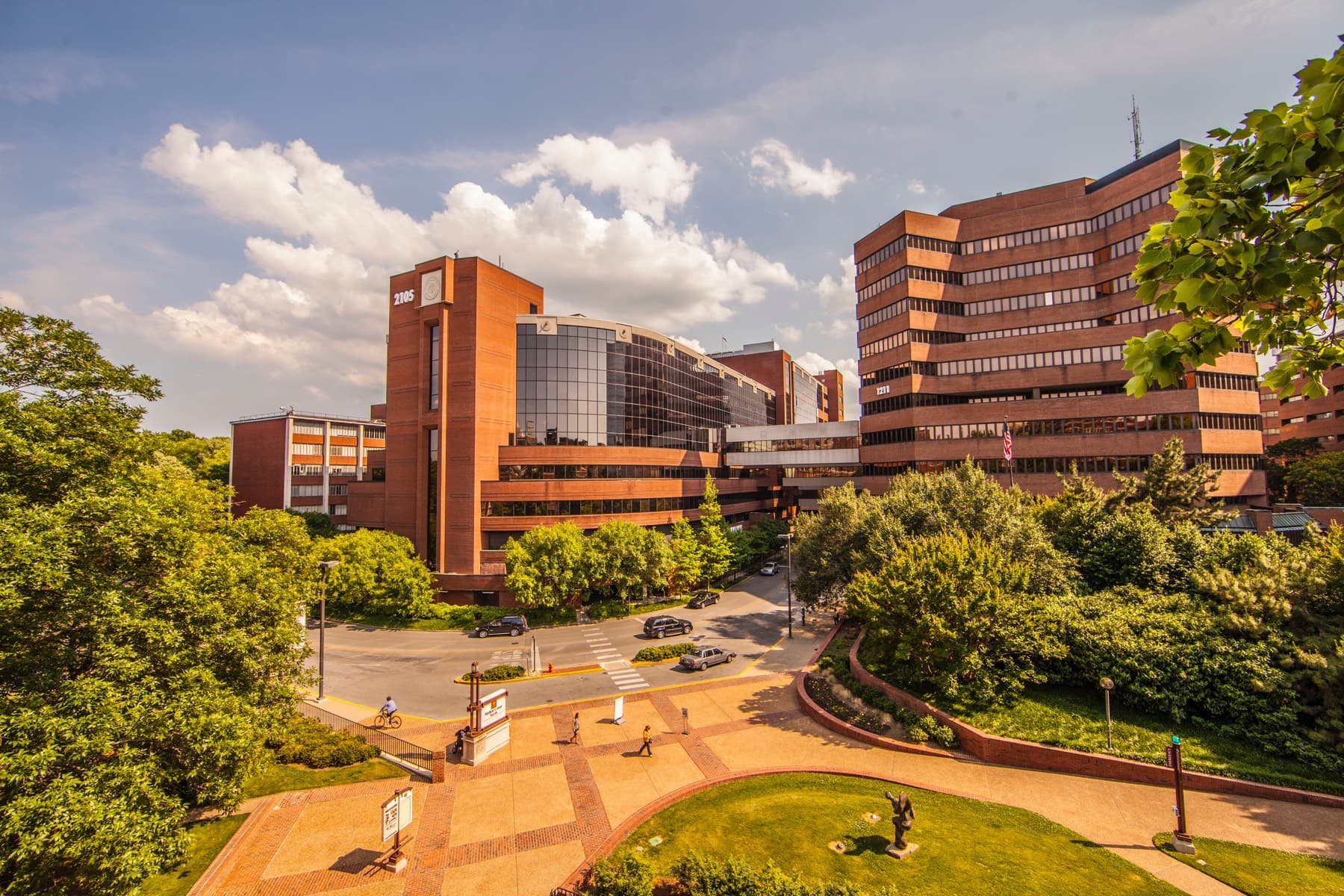 lush green university campus with brick buildings