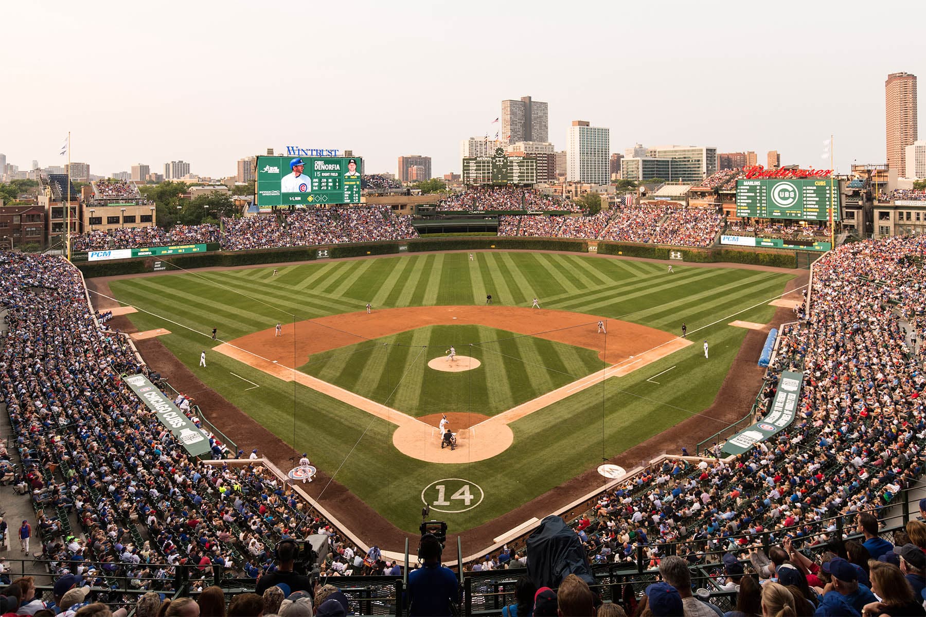 aerial view of Wrigley Field surrounded by Cubs fans