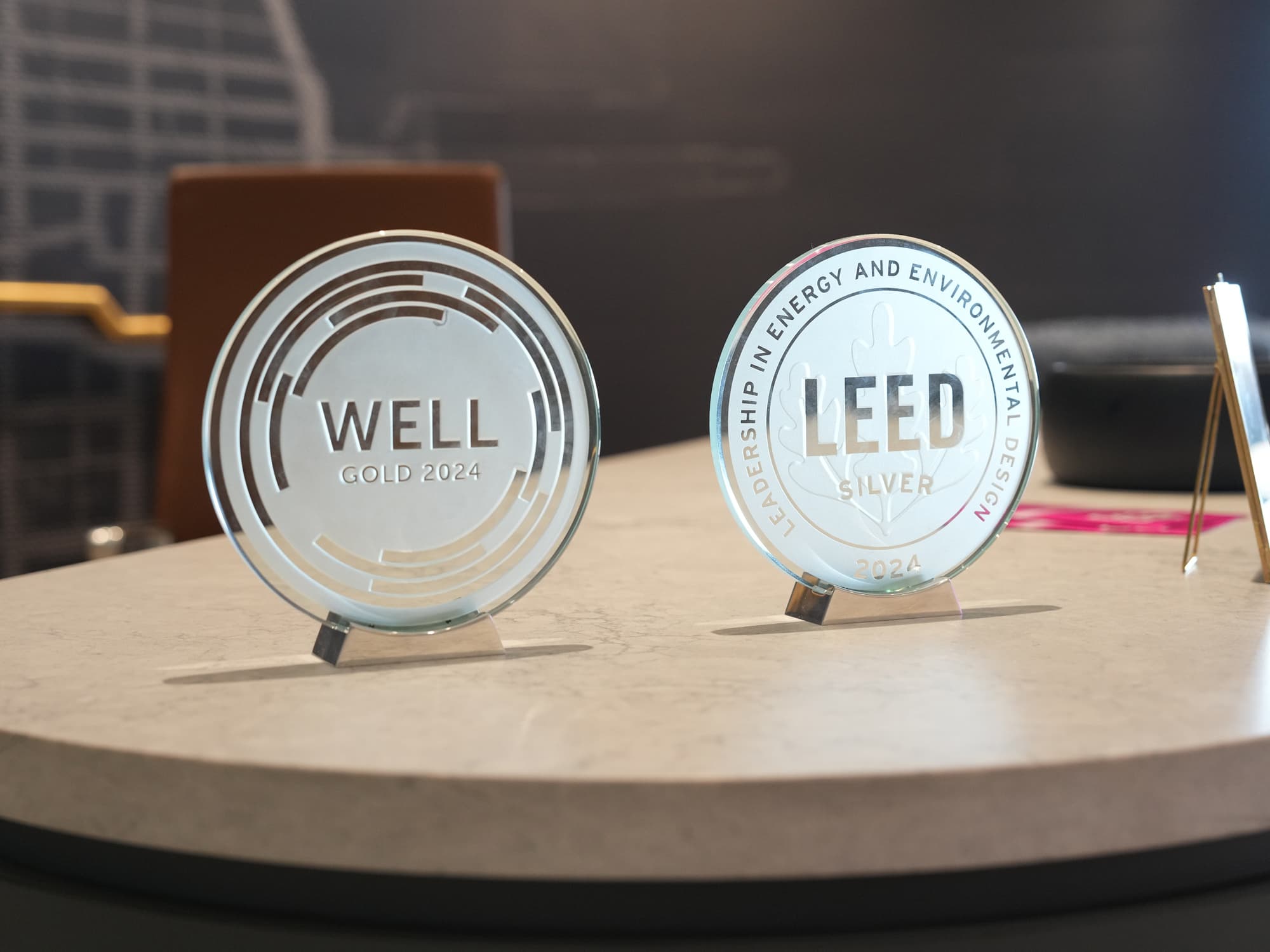 LEED and WELL Building Standard plaques at the Sloan Chicago Showroom