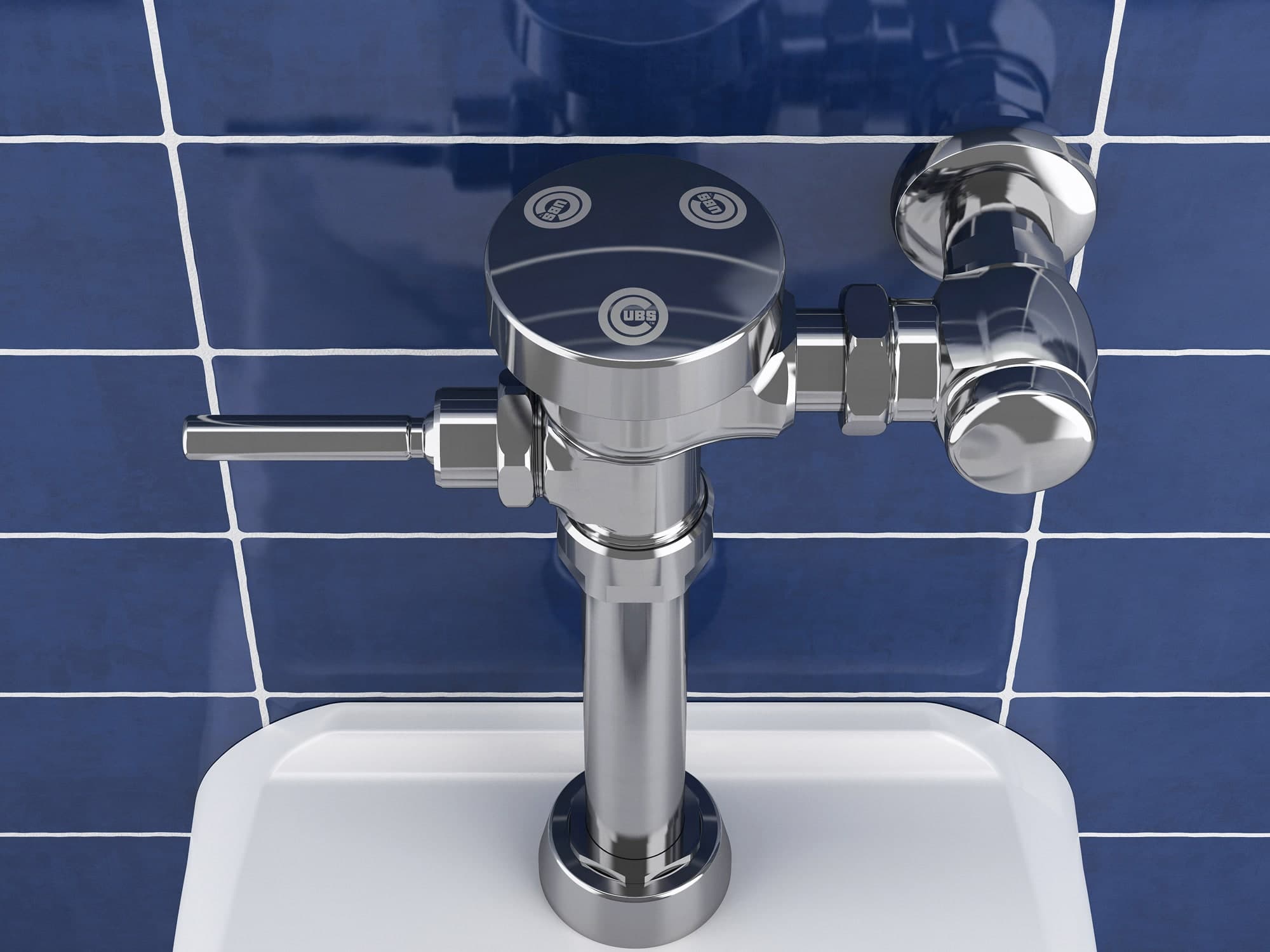 Top down Chicago Cubs logo laser-engraved on Royal 111 flushometer