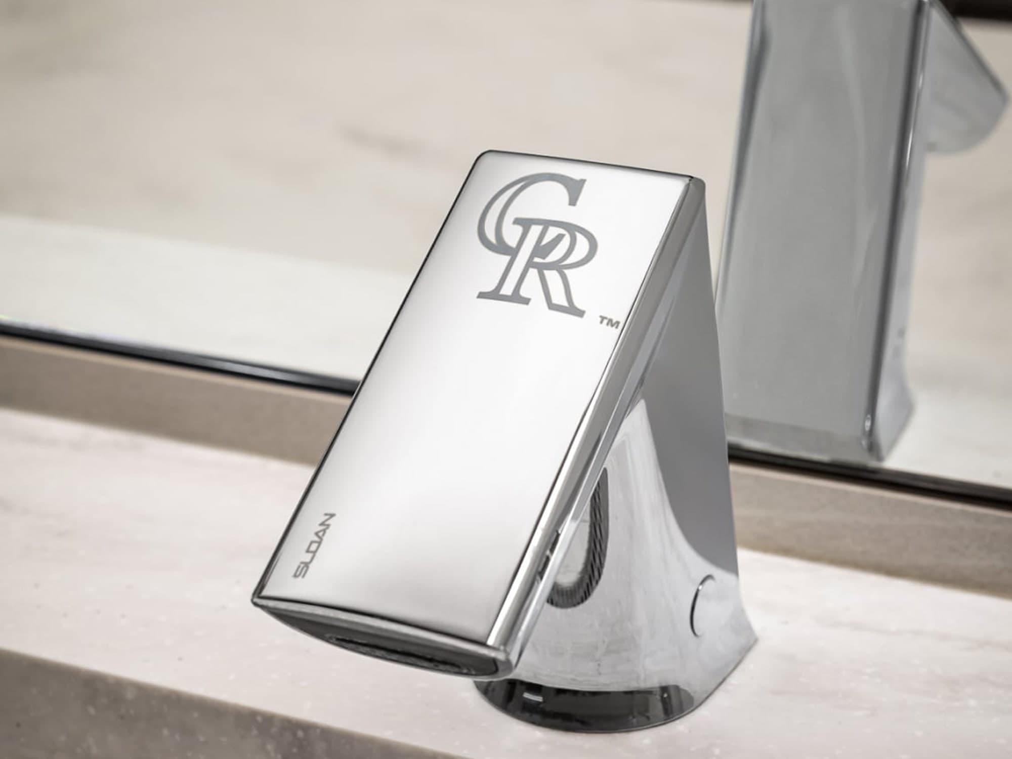 Colorado Rockies logo laser-engraved on BASYS EFX-250 faucet in polished chrome