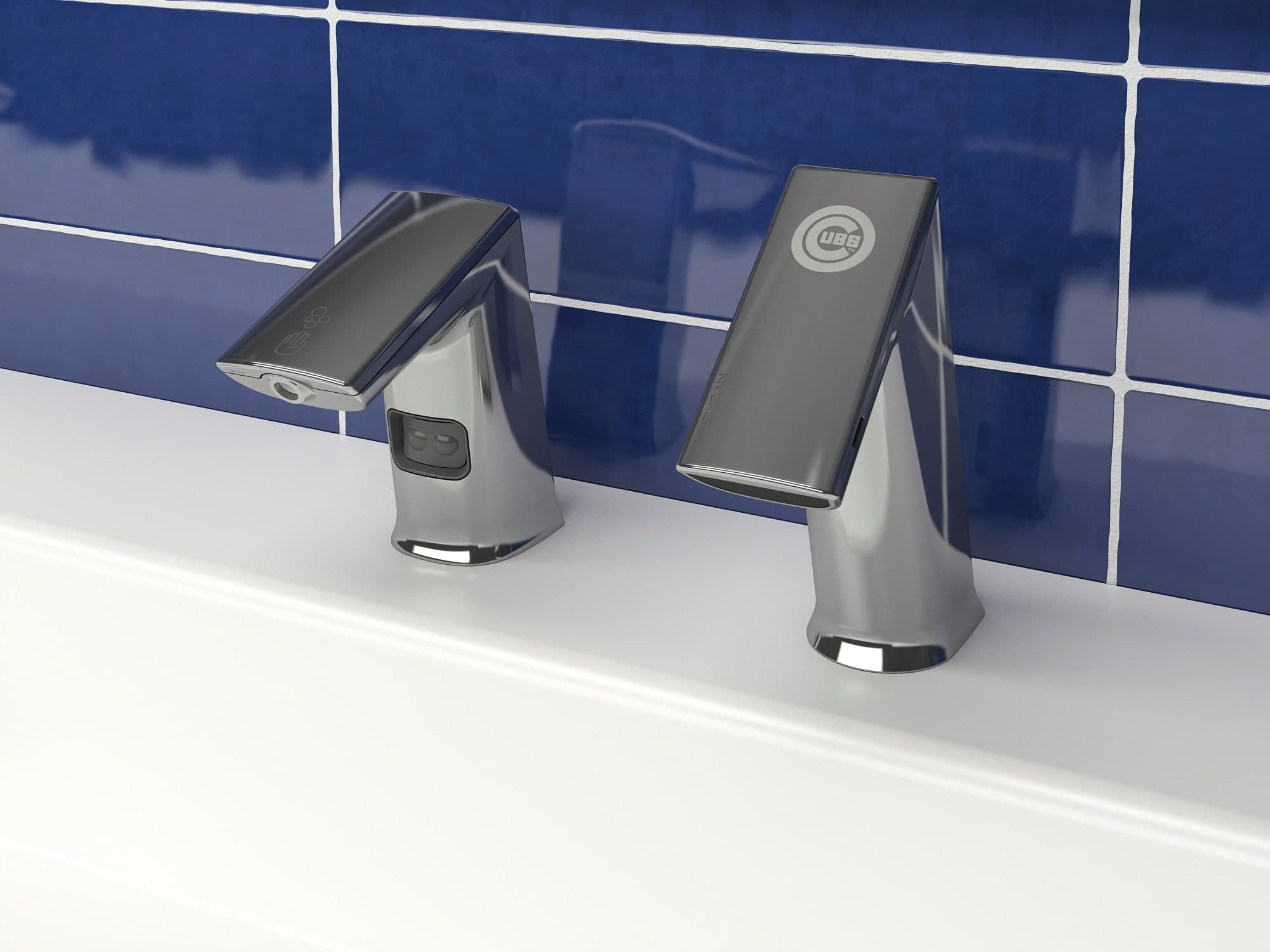 Chicago Cubs logo laser-engraved on BASYS EFX-250 faucet in polished chrome