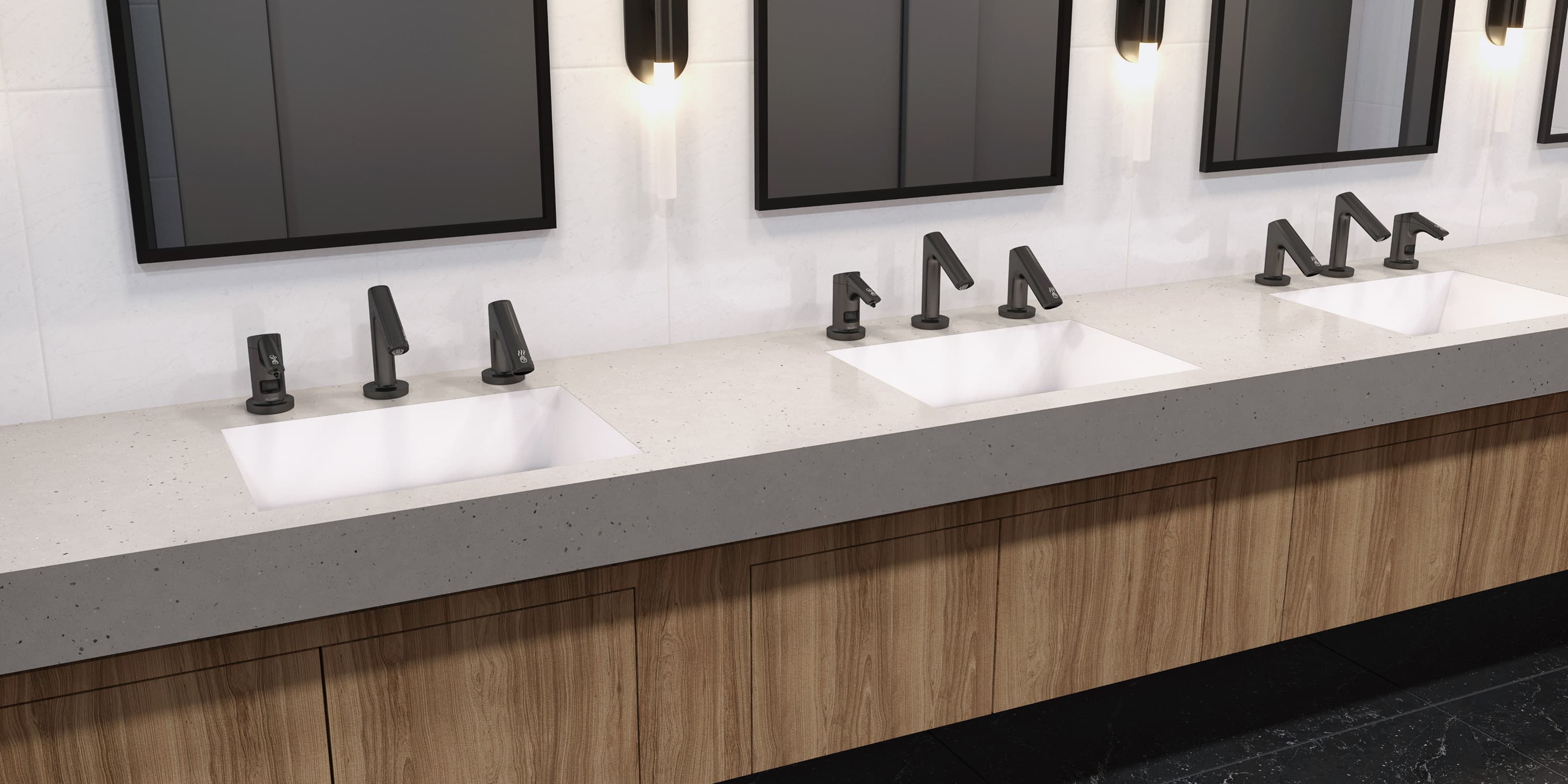 AER-DEC Integrated Sink in Silestone® Concrete Pulse and Silestone Et Statuario basins with Rush Street® fixtures in Graphite and laminated cabinet style enclosure in Wilsonart® Fawn Cypress