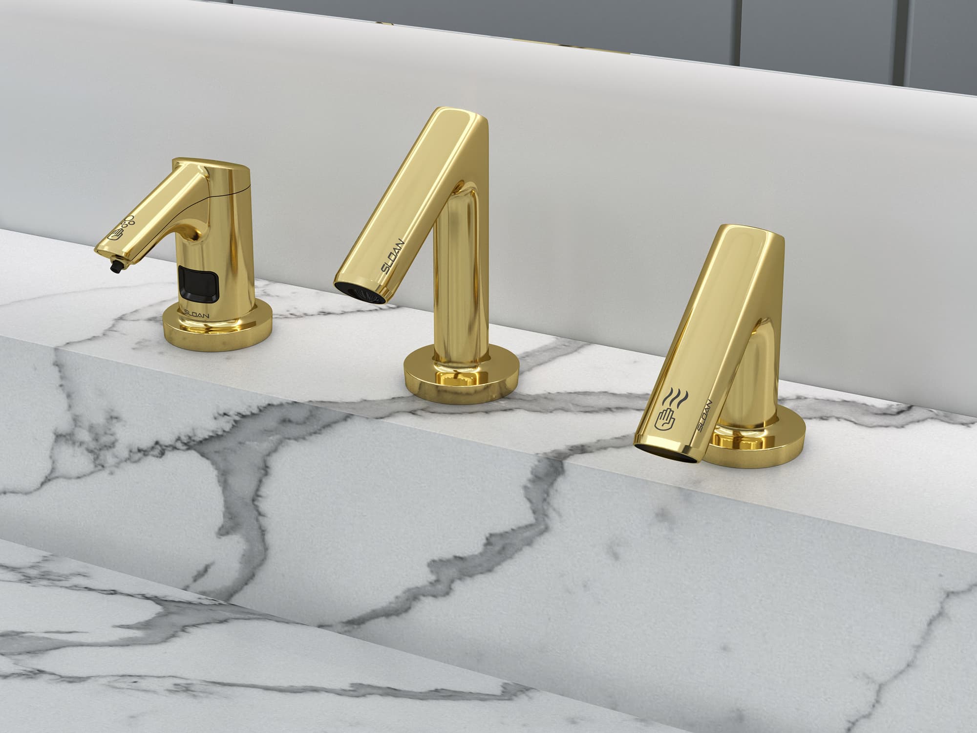 AER-DEC Integrated Sink in Silestone® Et Calacatta Gold with Rush Street fixtures in Polished Brass
