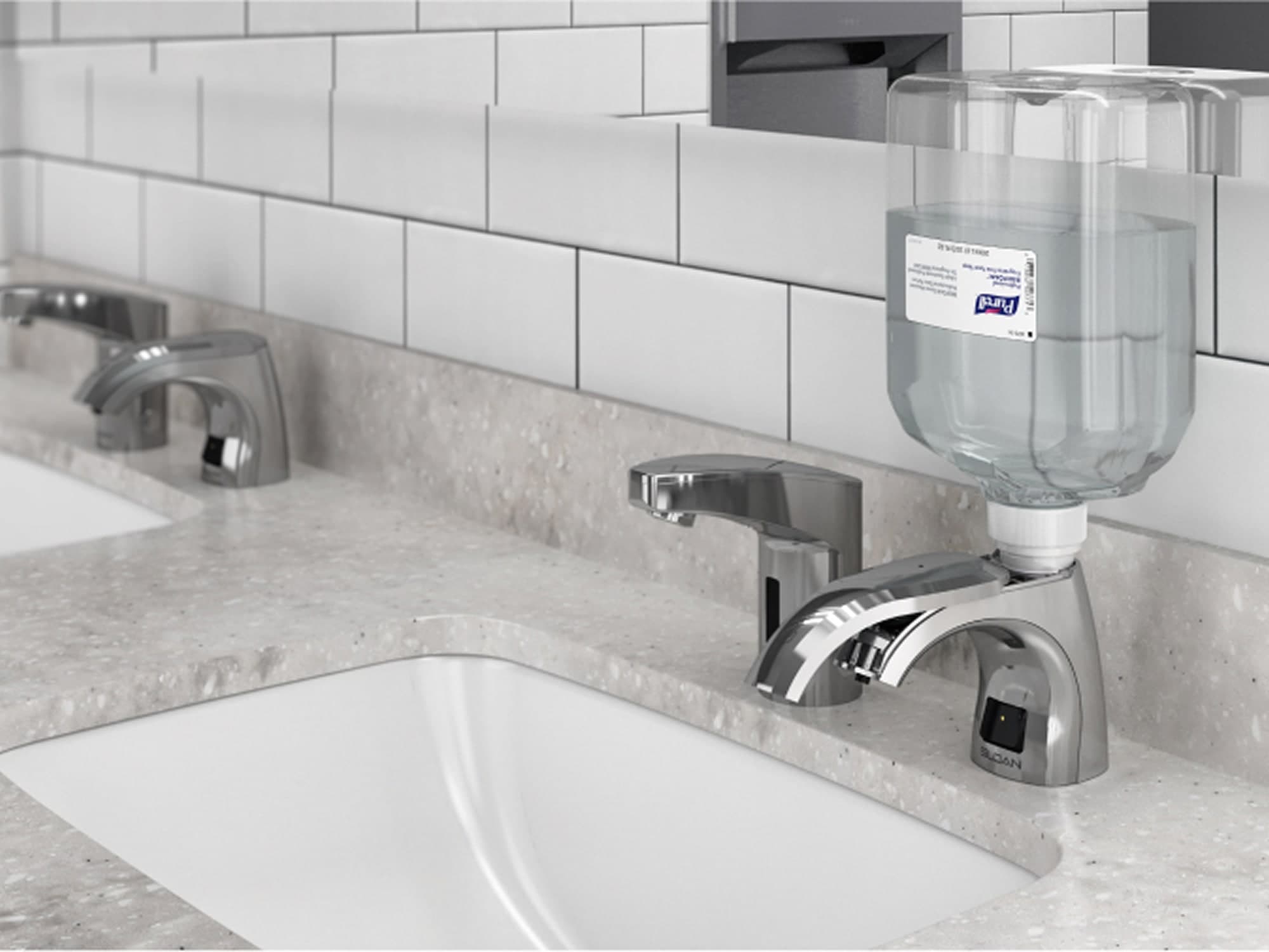 Close up of top fill soap dispenser and faucet combo