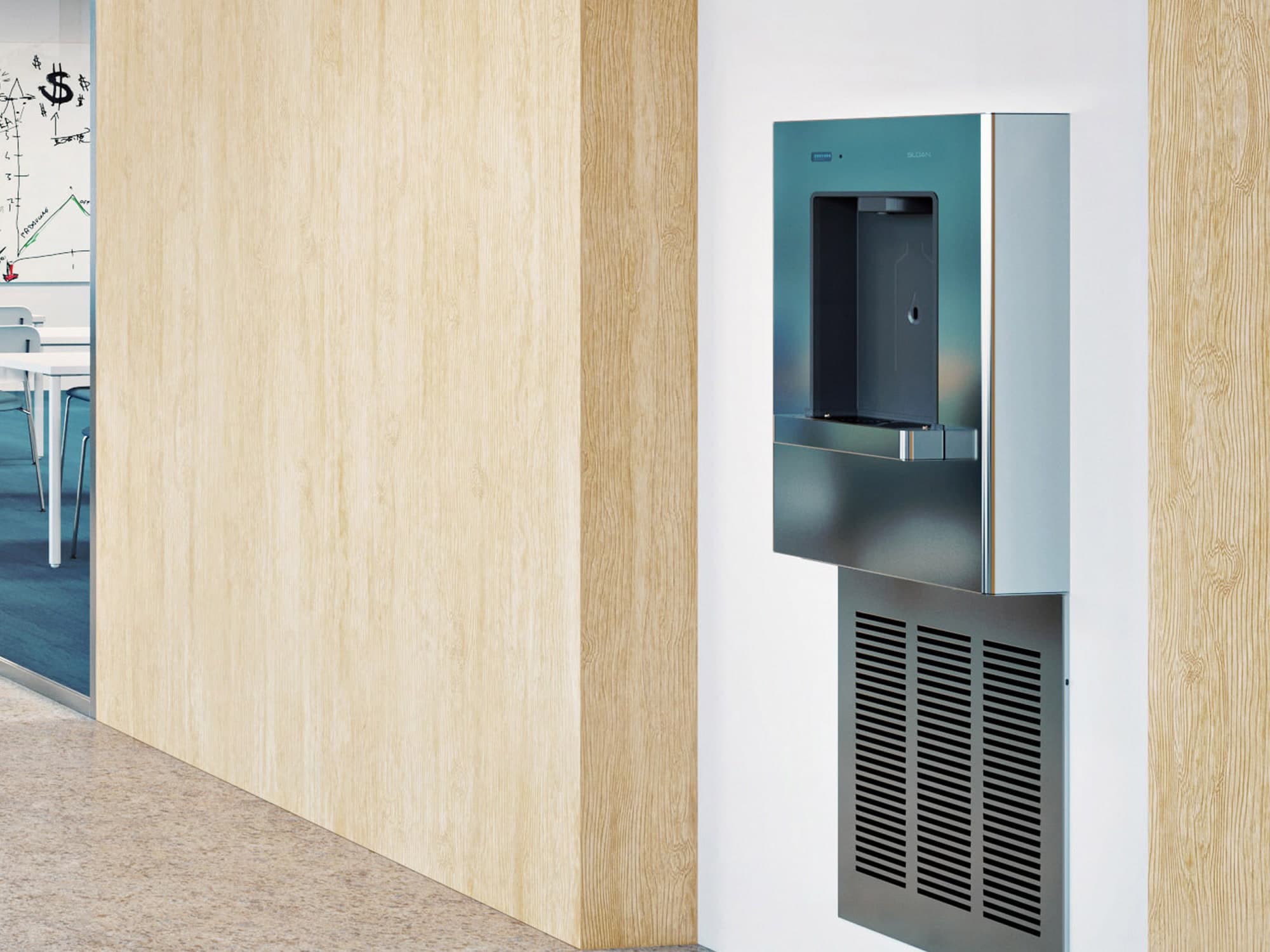 Hallway with light wood wall paneling, blue seating area, and a wall-mounted bottle filler.