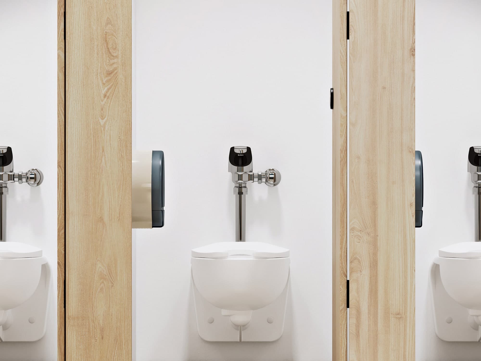 Wall-mounted urinals with light wood partitions in a modern restroom.